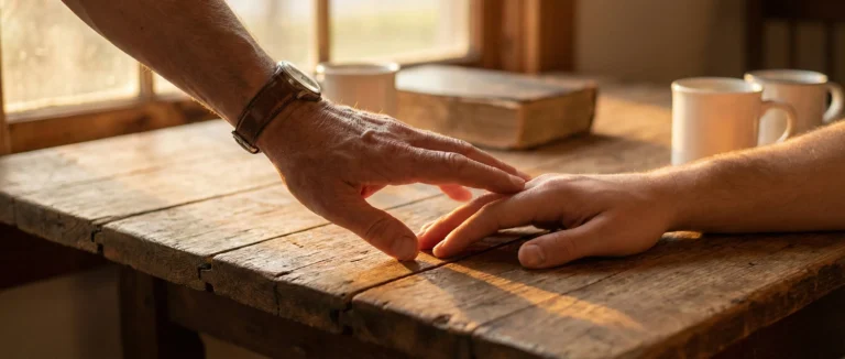 Intimate age gap romance aesthetic with two hands reaching across weathered wood table in golden light