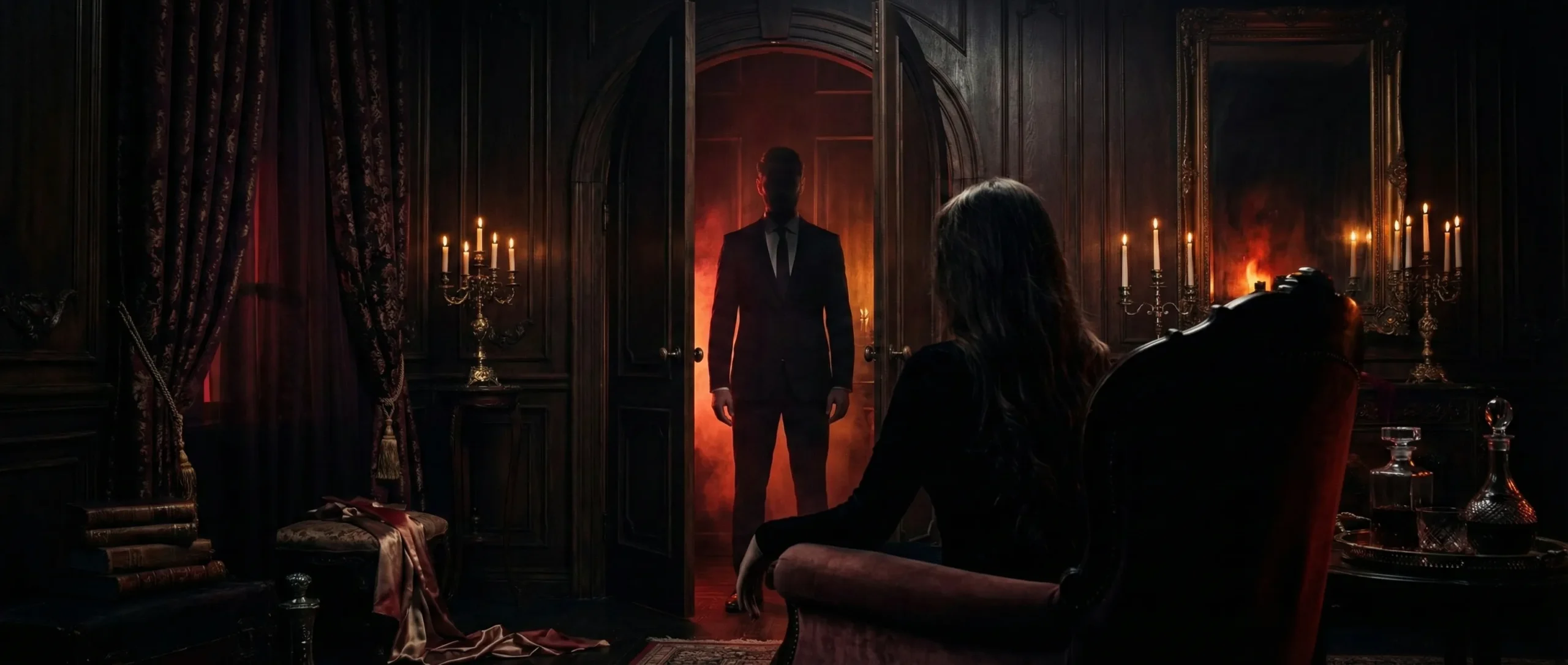 Dark romance aesthetic with shadowy figure in doorway and moody red lighting