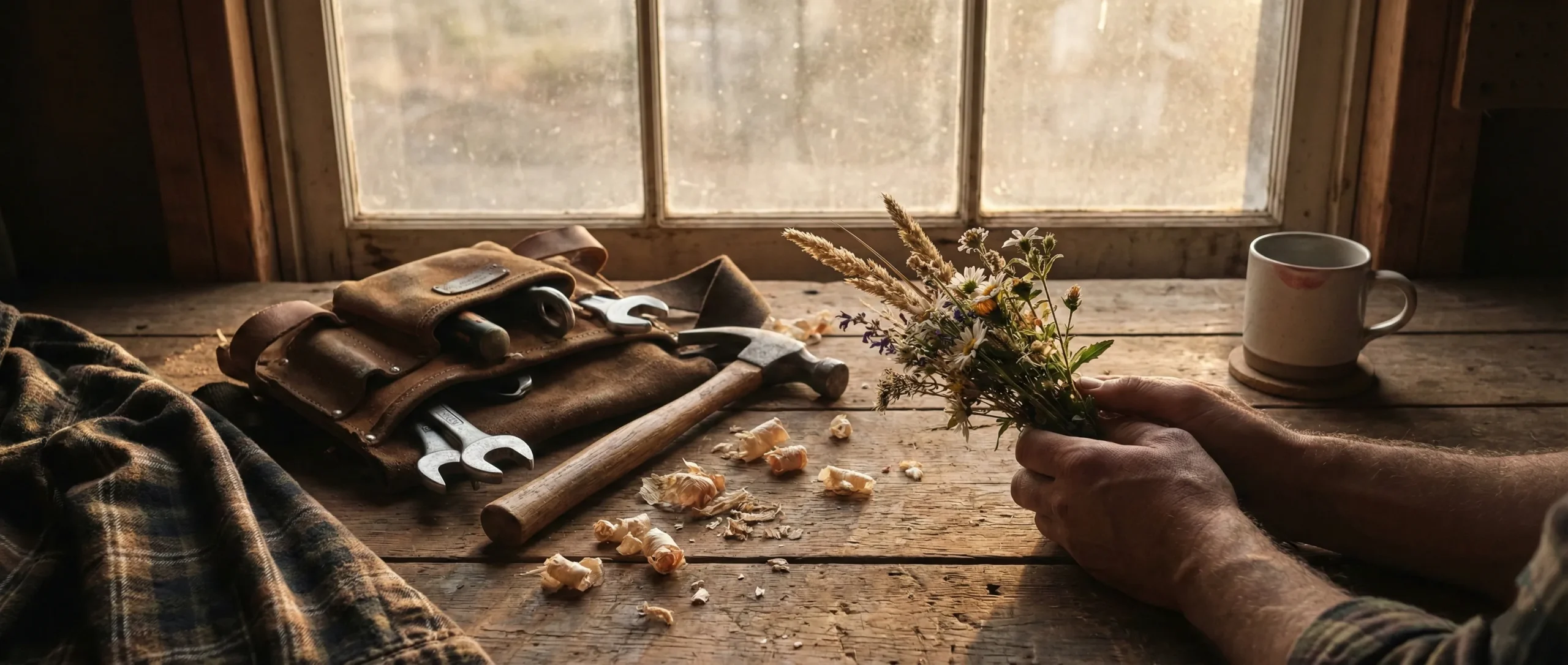 Romantic workshop scene with tools and warm golden light - blue collar romance aesthetic