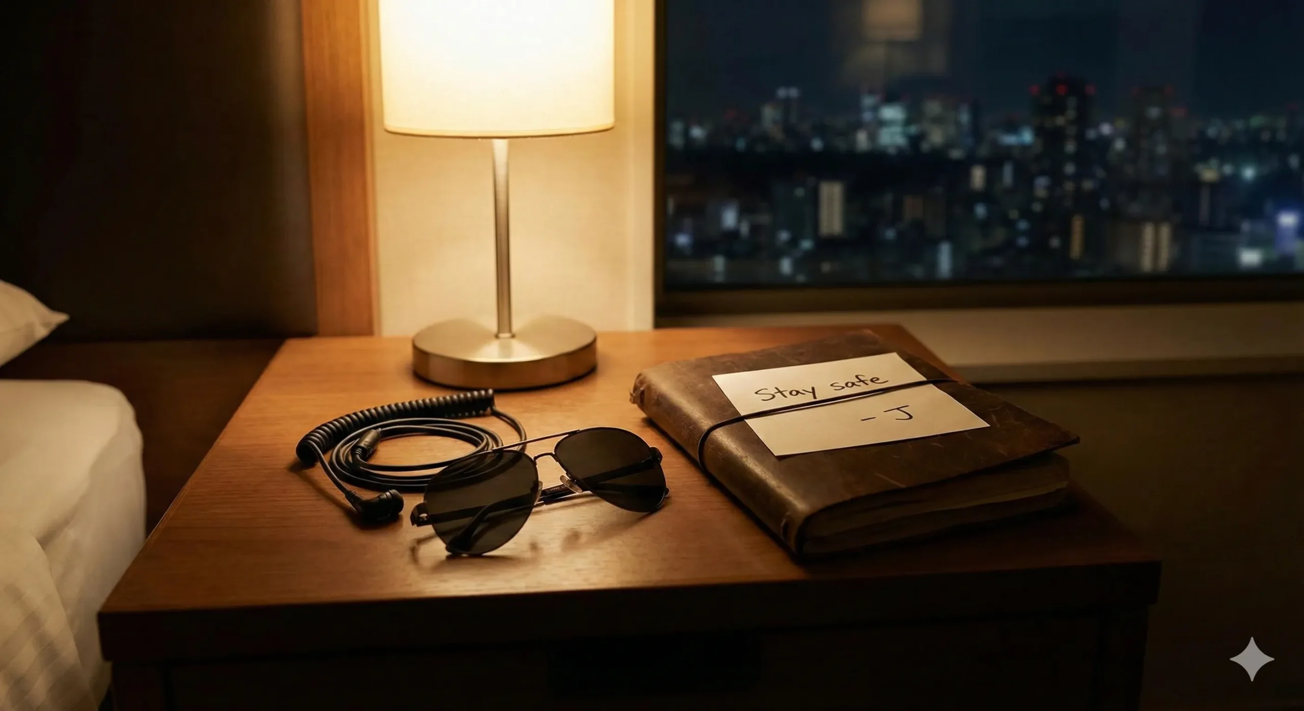 Earpiece and sunglasses on hotel nightstand showing professional protection becoming personal - Bodyguard romance trope