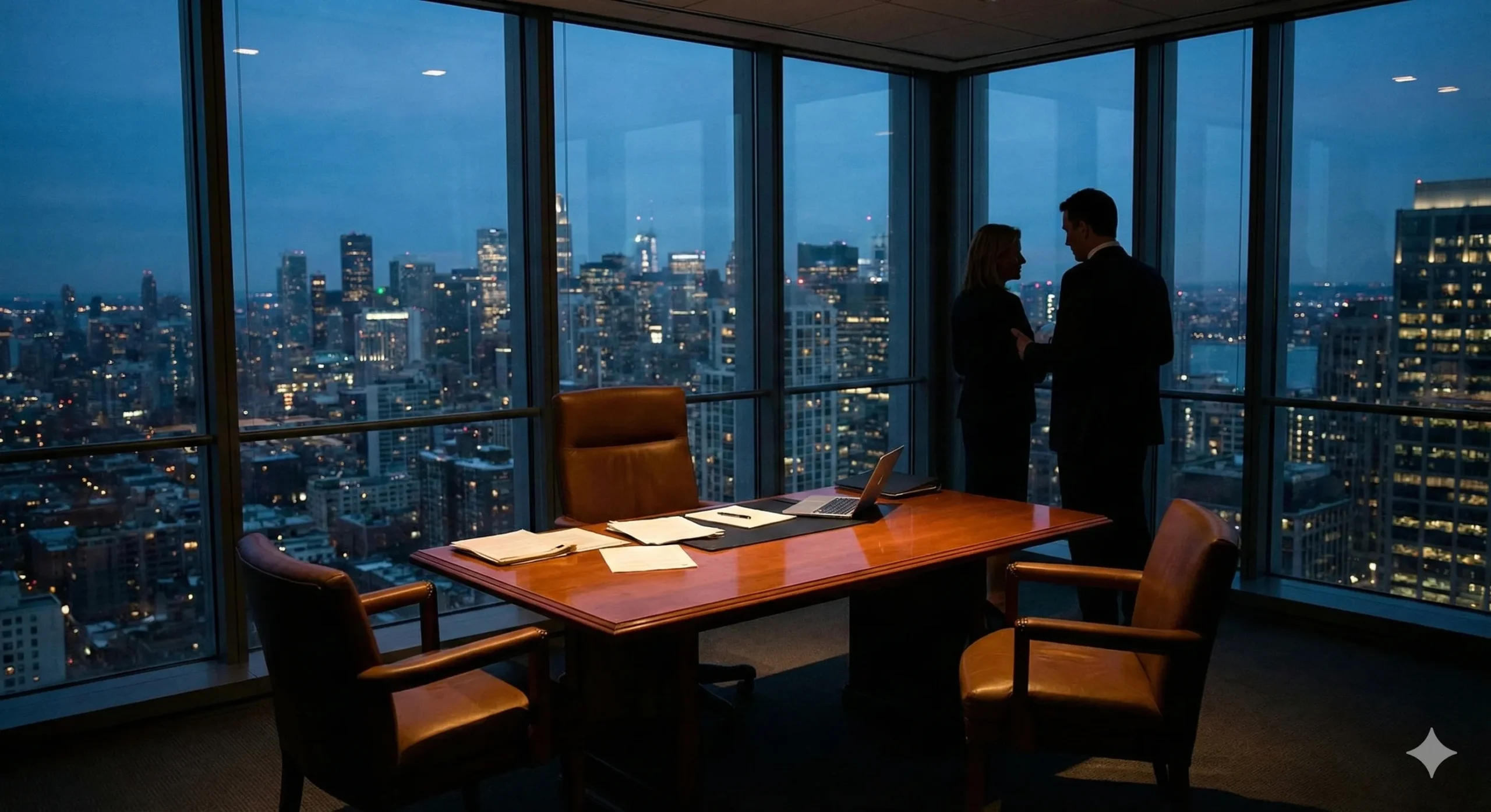 Executive office after hours with city skyline through windows and desk between chairs - Boss Employee romance trope