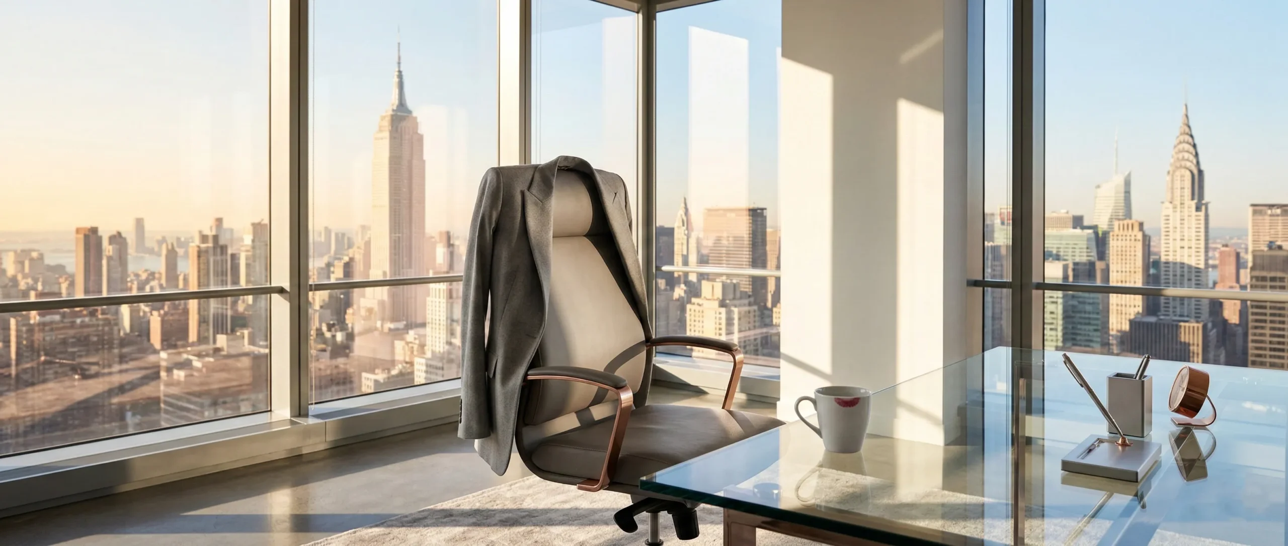 Corner office with floor-to-ceiling windows overlooking Manhattan, dove-gray blazer on chair, lipstick mark on coffee cup - sapphic office romance