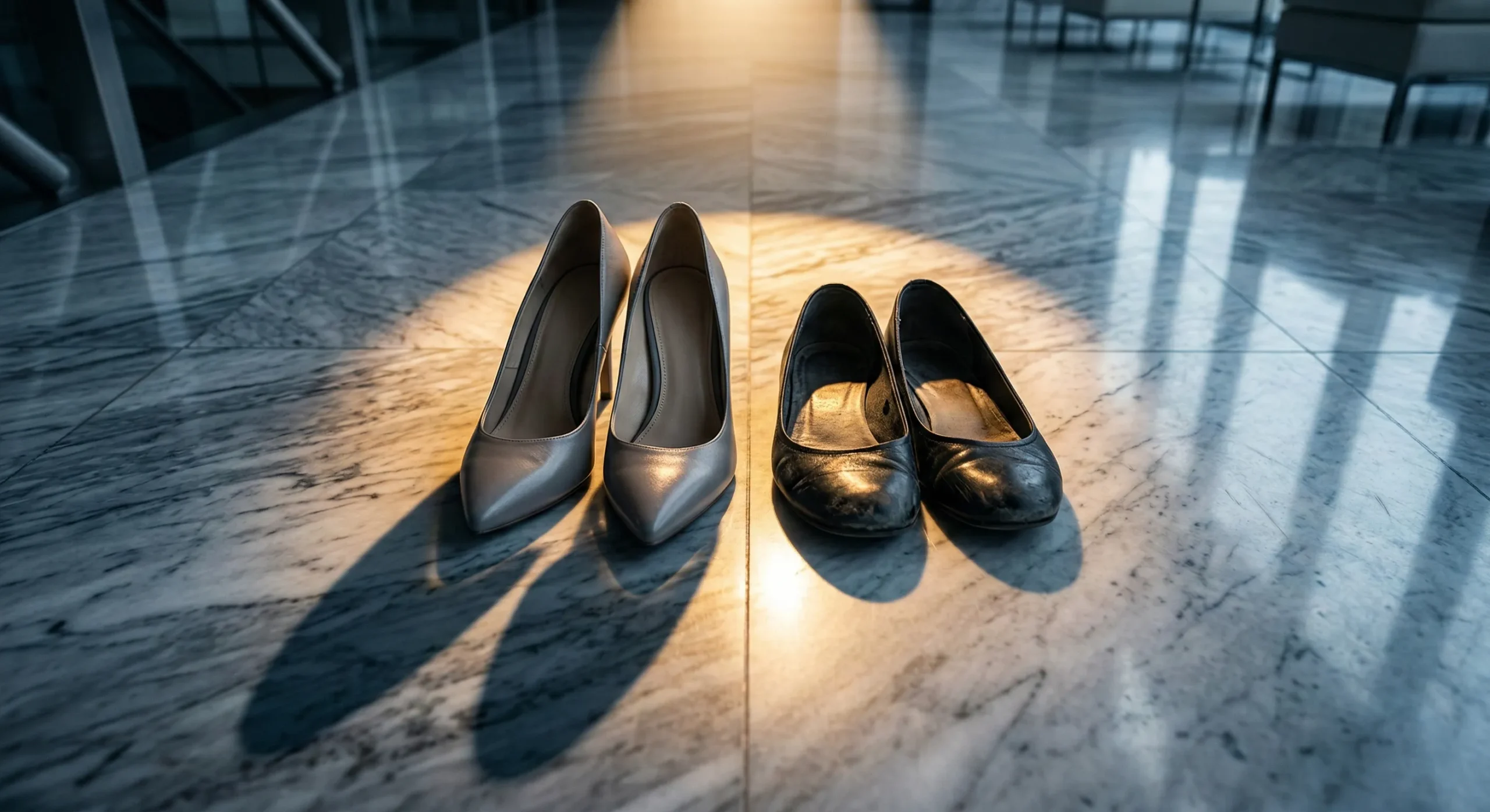 Designer dove-gray heels next to scuffed black flats on polished marble floor - Glass Ceiling Silk Ropes power gap