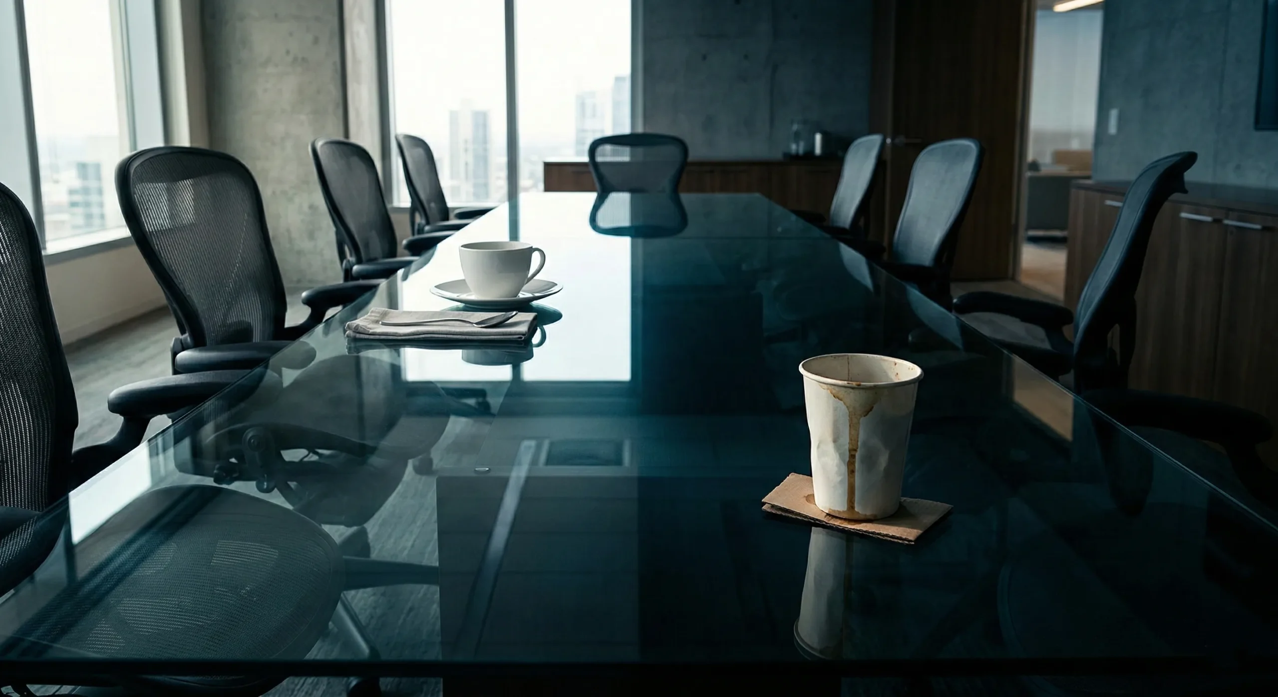 Two coffee cups on opposite ends of glass conference table symbolizing workplace power imbalance