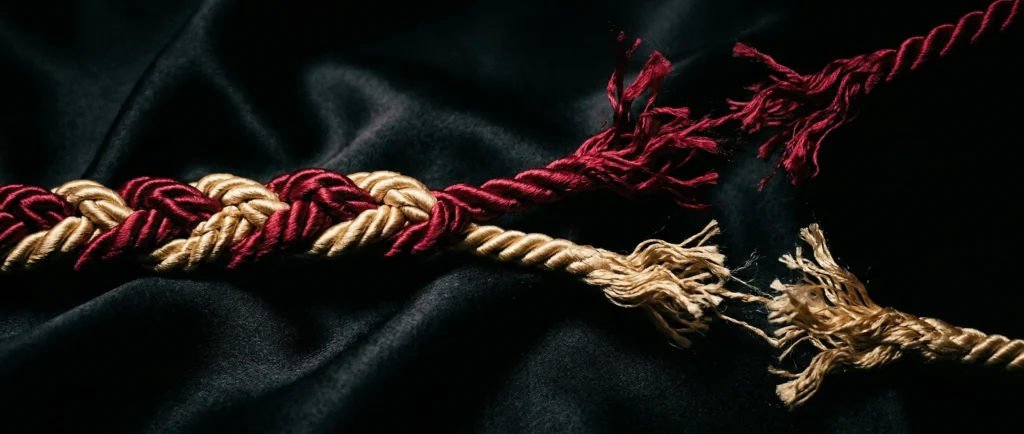 Two silk ropes in crimson and gold intertwined then fraying apart on dark satin - sapphic BDSM connection and rupture