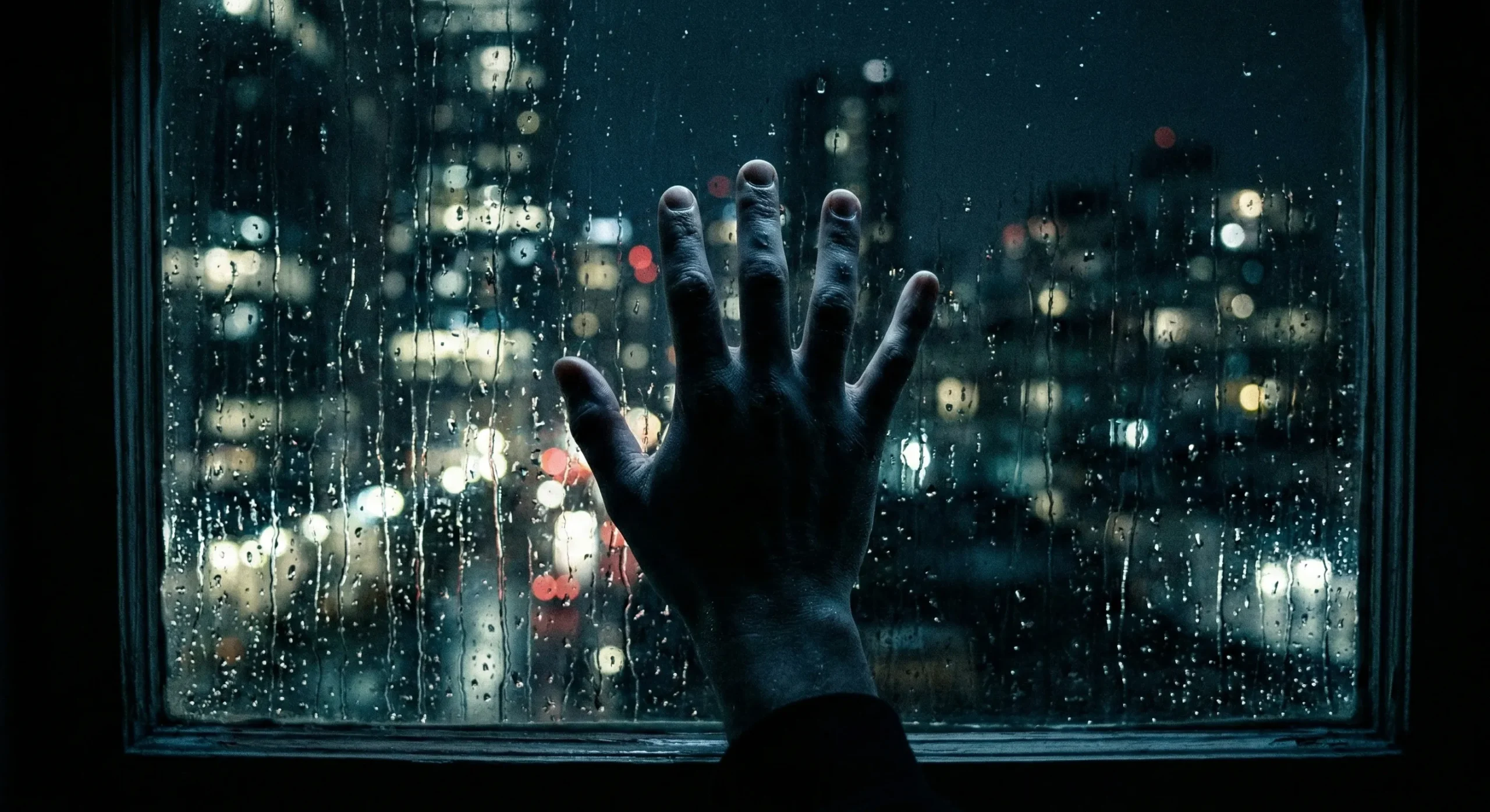 Single hand pressed flat against rain-streaked window at night with blurred city lights - isolation after consent violation