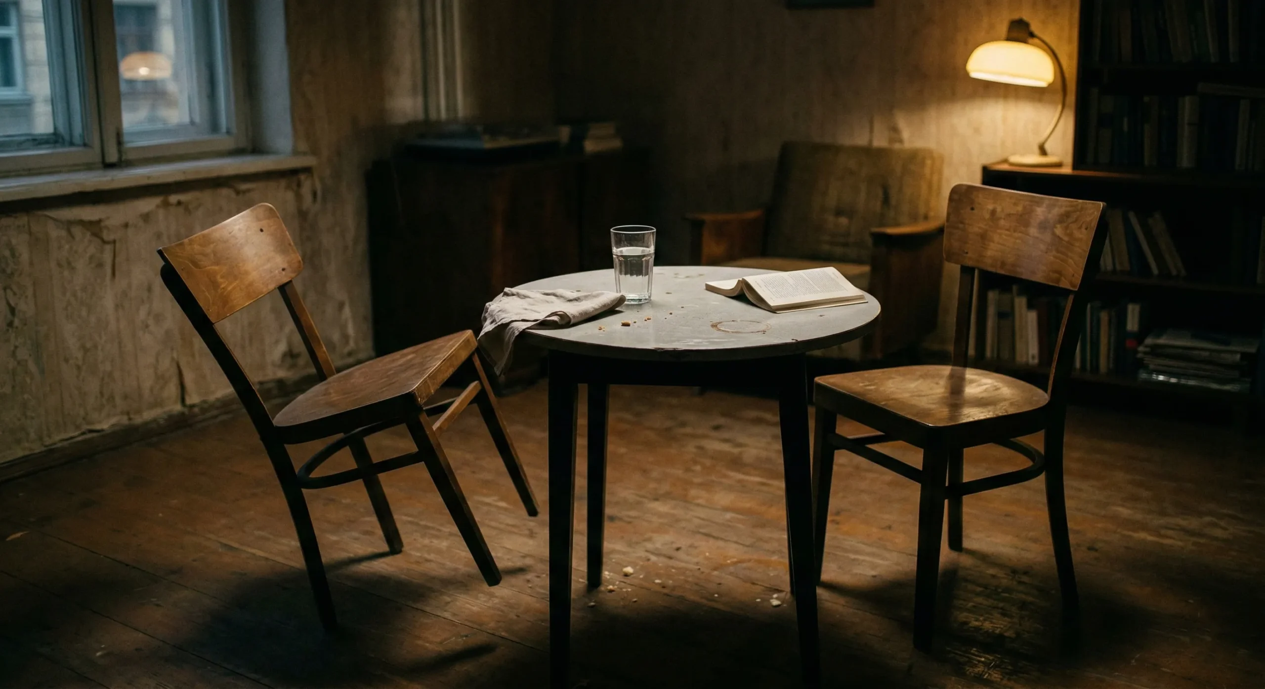 Two chairs facing each other across small table in dimly lit room one pushed back - confrontation and aftermath