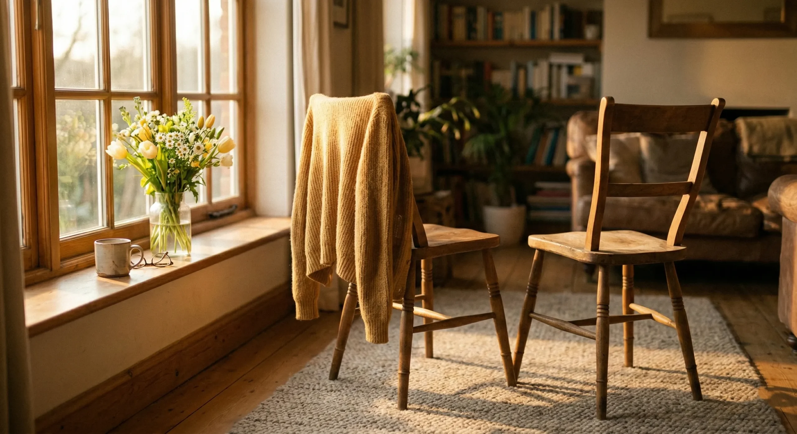 Golden morning light streaming through window onto two chairs moved closer together with yellow sweater and fresh flowers - healing