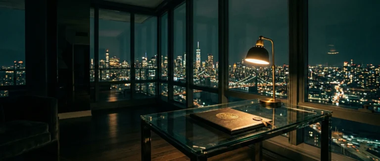 Glass-walled luxury penthouse at night overlooking city skyline with leather-bound contract on glass desk - dark MM billionaire romance aesthetic