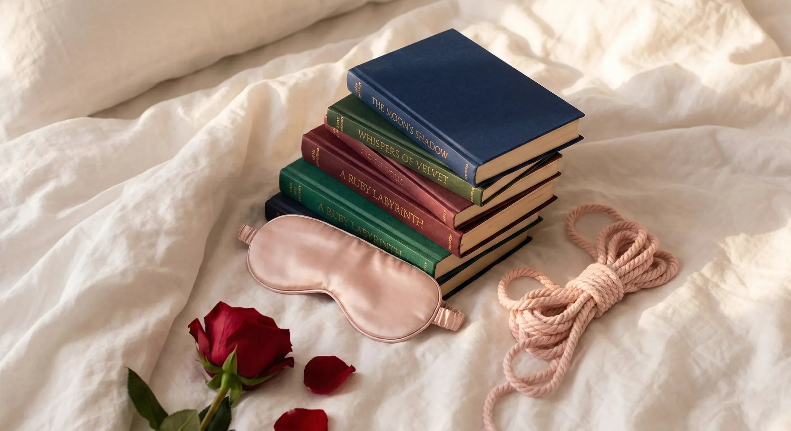 Books with jewel-toned covers on white linen sheets beside silk eye mask blush pink rope and red rose - sapphic BDSM romance rec list