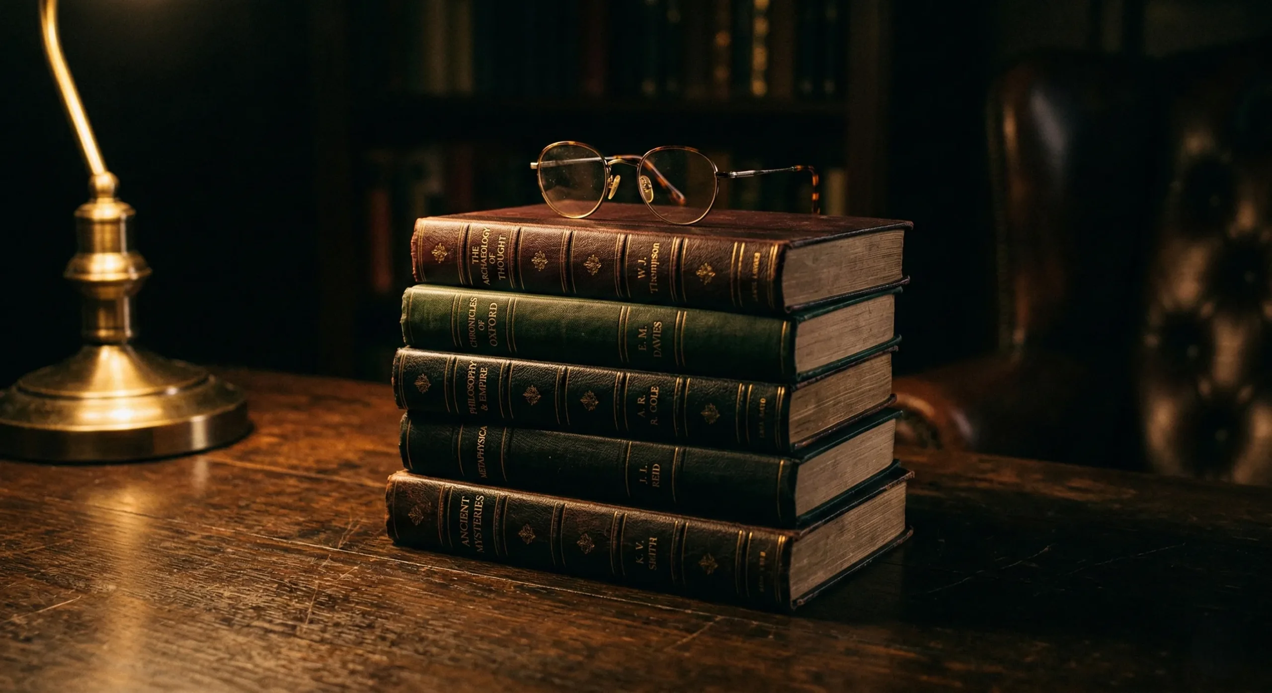 Stack of dark hardcover books with gold lettering and reading glasses in dramatic chiaroscuro lighting - MM romance rec list