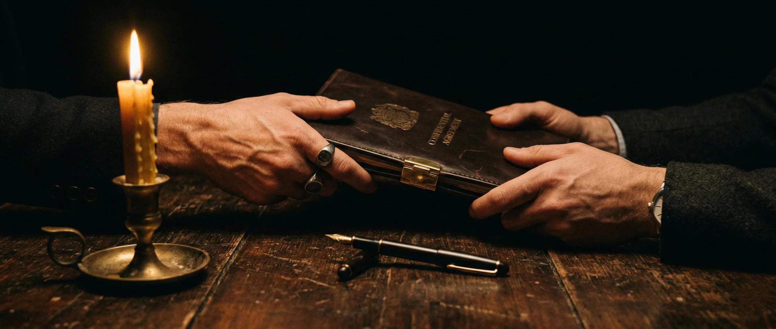 Two masculine hands sliding leather-bound document across table by candlelight with fountain pen - MM BDSM contract negotiation