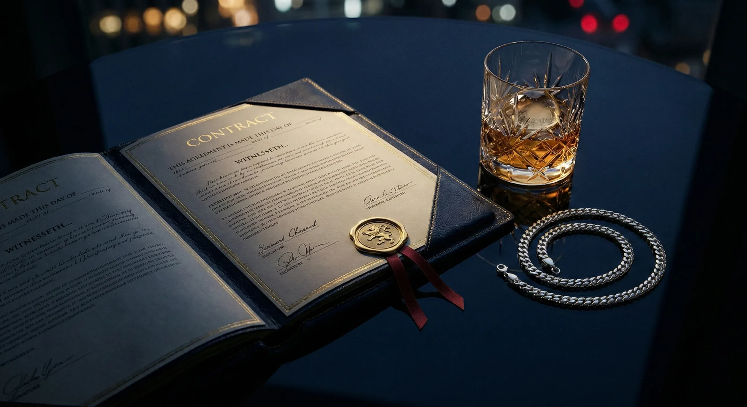 Open leather contract with gold wax seal and platinum chain anklet on dark glass reflecting city lights - Collateral BDSM spotlight