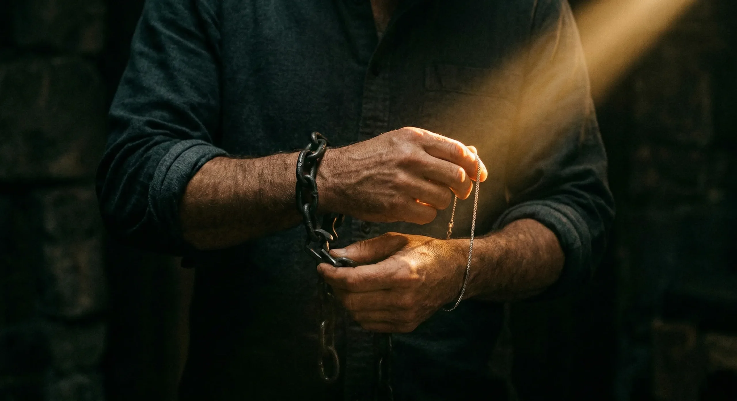 Hand removing heavy iron chain from wrist and replacing with delicate platinum bracelet - transformation from ownership to choice