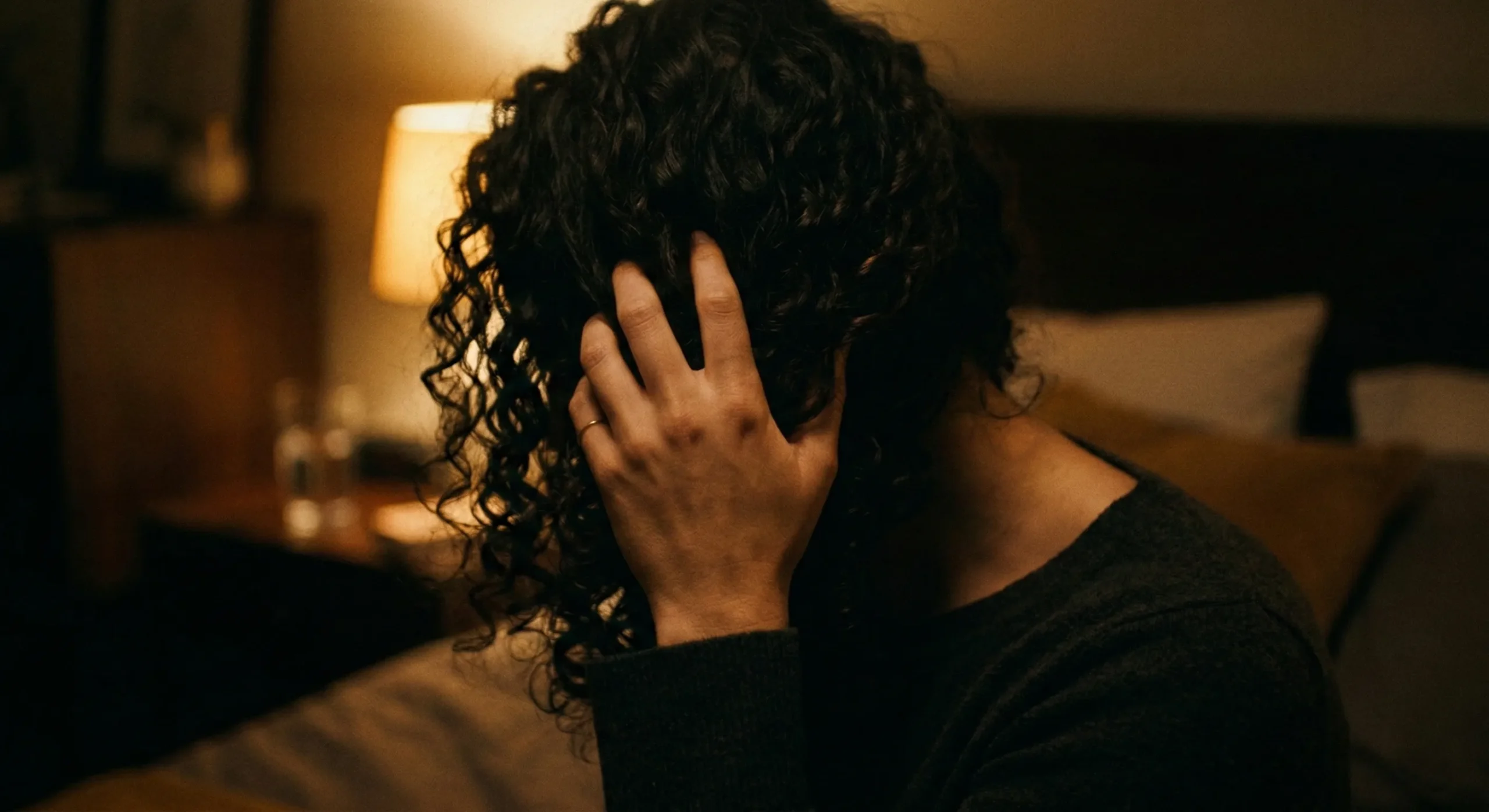 Close-up of hand gently threading through dark curly hair in warm golden lamplight - BDSM aftercare intimacy