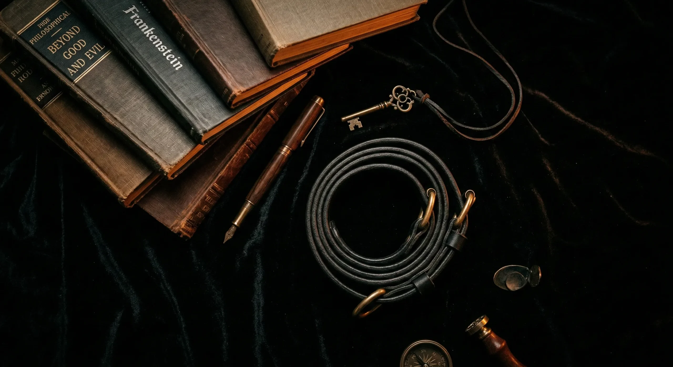 Dark books fanned on black velvet with leather collar, pen, and small key - MM BDSM romance rec list