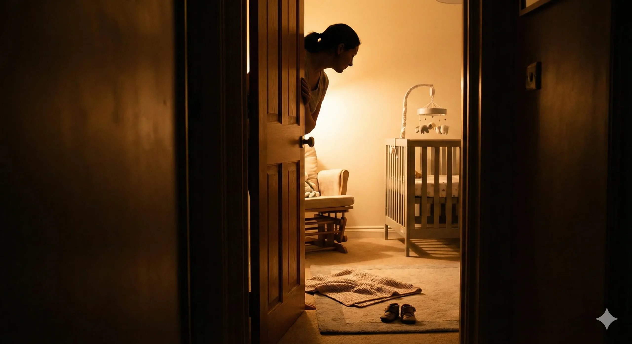 Nursery doorway with soft light spilling out showing promise of family - Breeding Kink romance trope