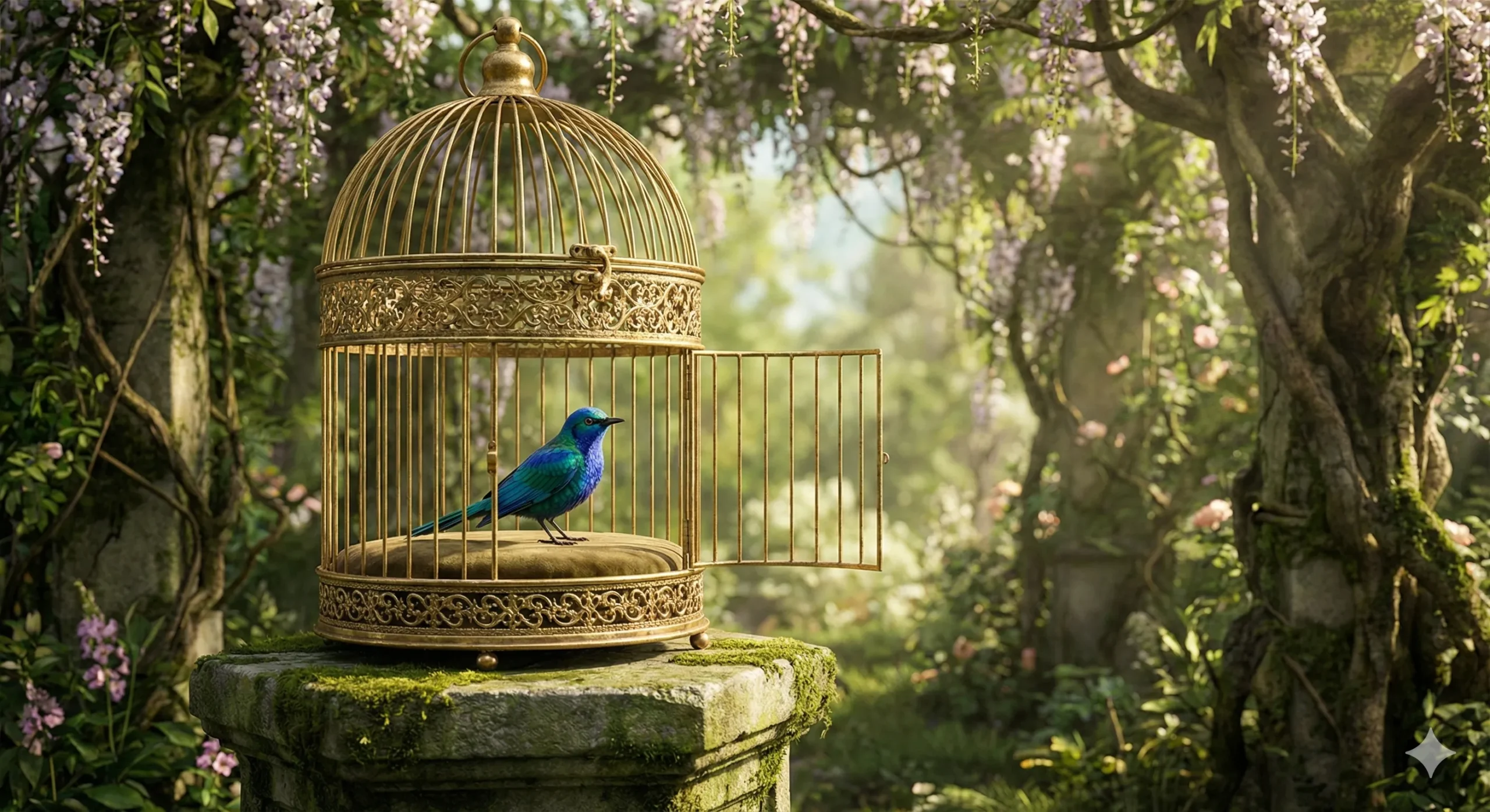 Gilded cage with open door showing choosing to stay and beautiful prison aesthetic - Captive Romance trope