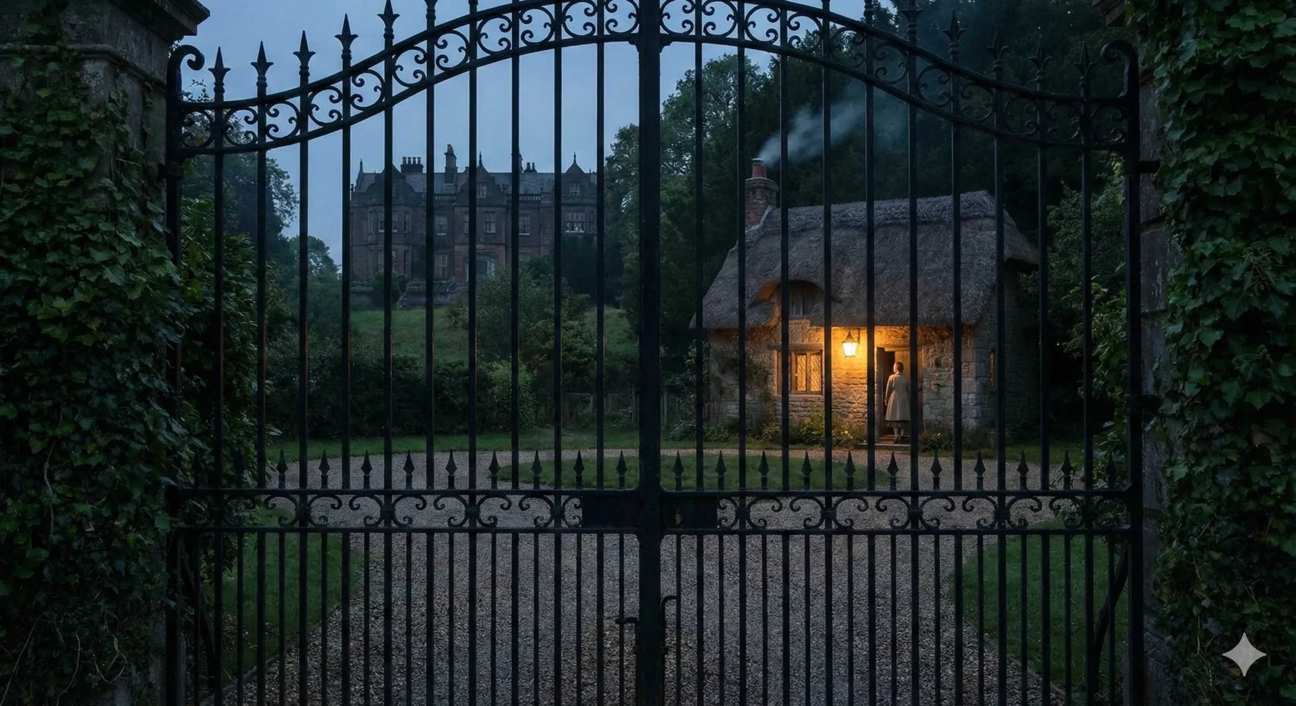 Mansion gates with small cottage visible through bars showing worlds apart energy - Class Difference romance trope