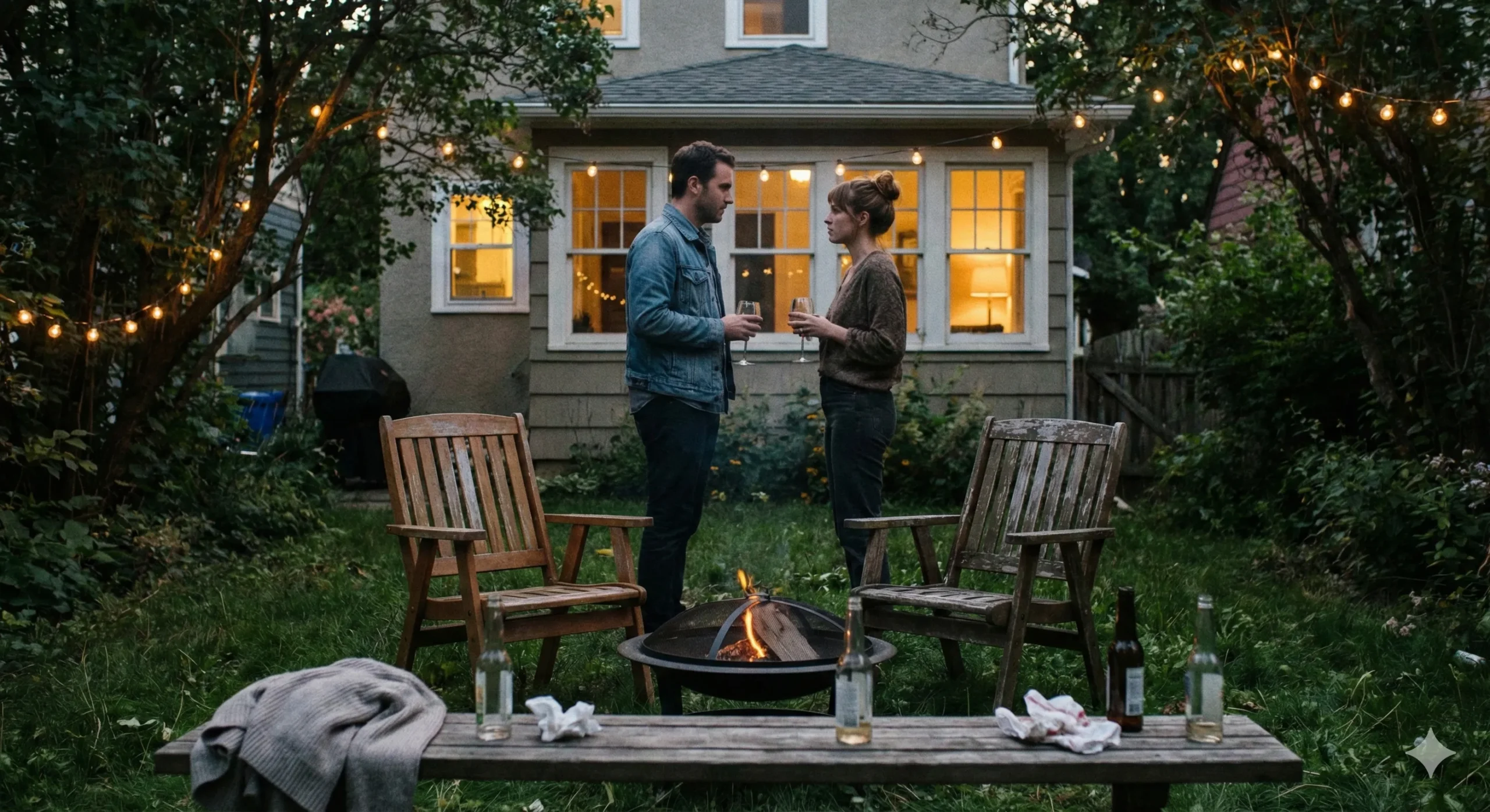 Backyard at dusk with empty chairs after party and forbidden glances atmosphere - Dads Best Friend romance trope