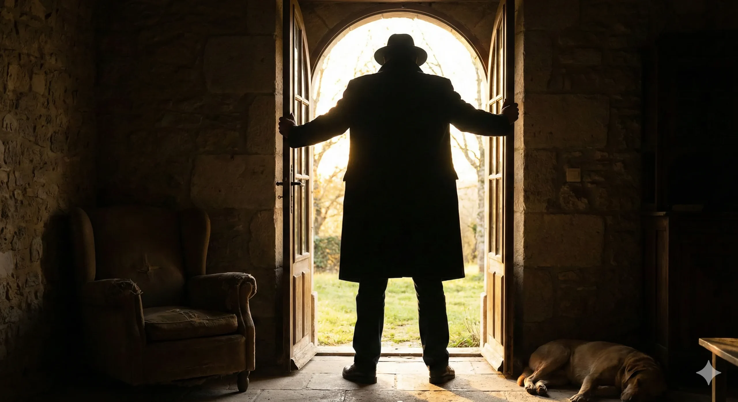 Commanding male silhouette in doorway backlit showing powerful presence and control - Dominant Hero romance trope