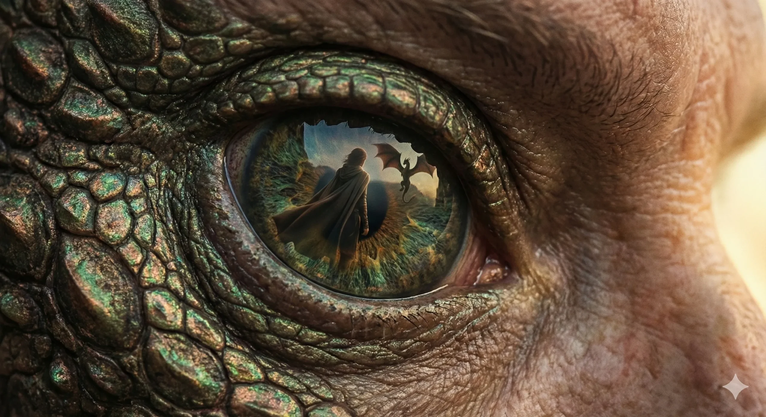 Dragon eye with human reflection visible in pupil showing beast and beauty transformation - Dragon Shifter romance trope