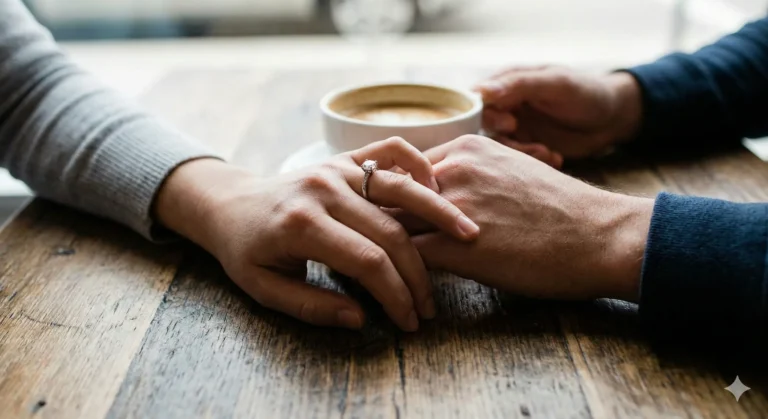 Hands wearing engagement ring with fingers intertwined, pretending becoming real - Fake Dating romance trope