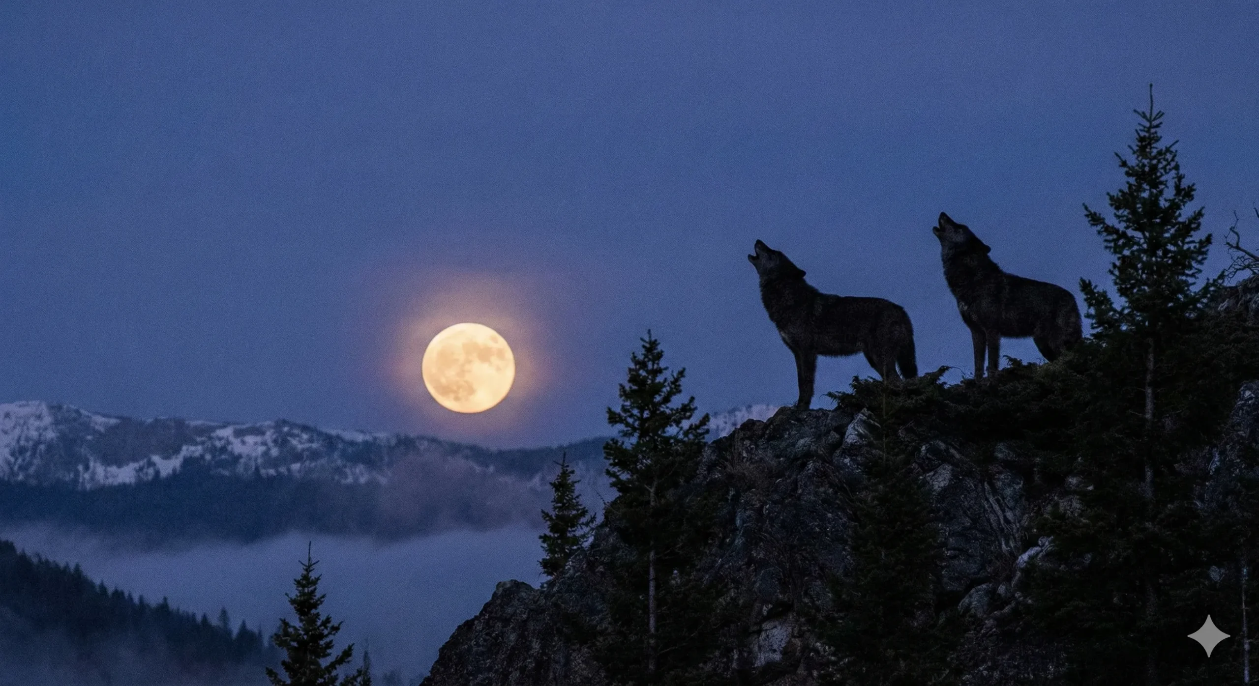 Two wolves silhouetted howling at full moon showing destiny and supernatural connection - Fated Mates romance trope