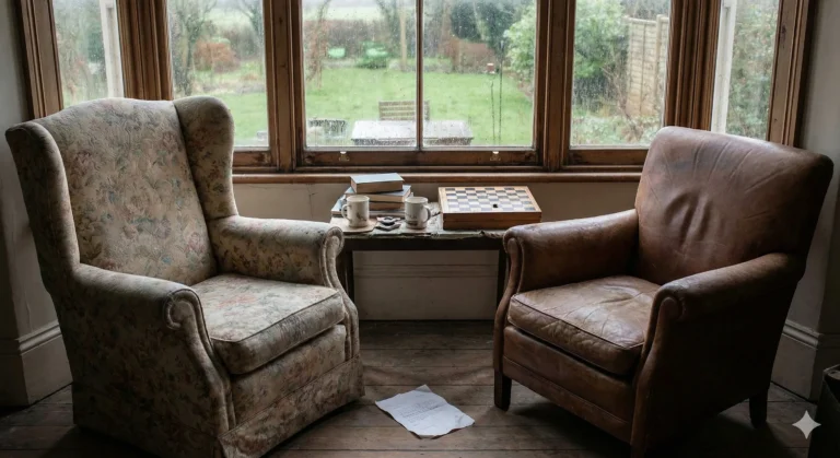 Two worn armchairs angled toward each other by window showing years of friendship - Friends to Lovers romance trope