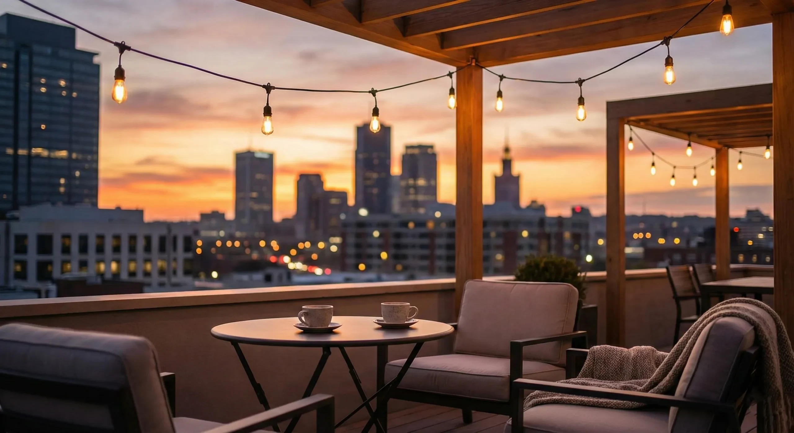 Modern city rooftop at golden hour with string lights - Contemporary Romance genre