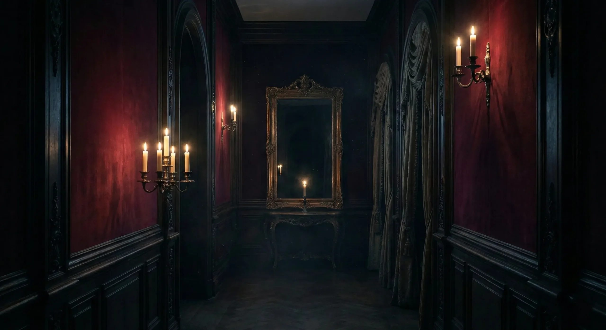 Gothic mansion hallway at night with candlelight - Dark Romance genre