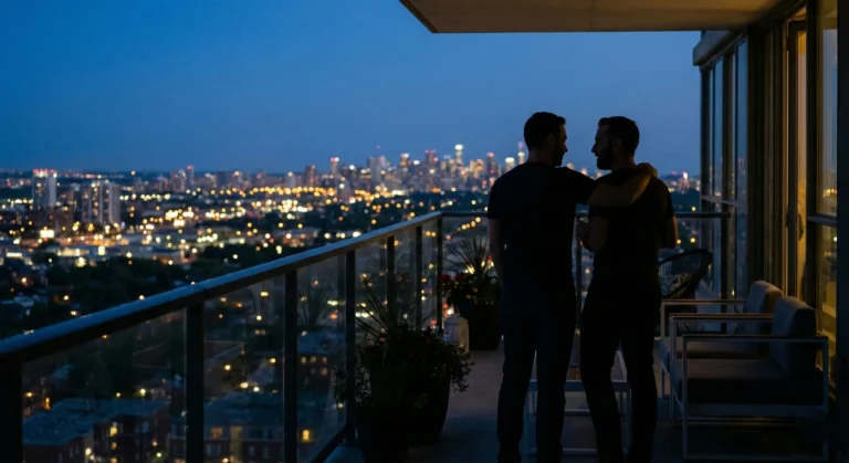 Two masculine silhouettes close together on balcony at blue hour - MM Romance genre
