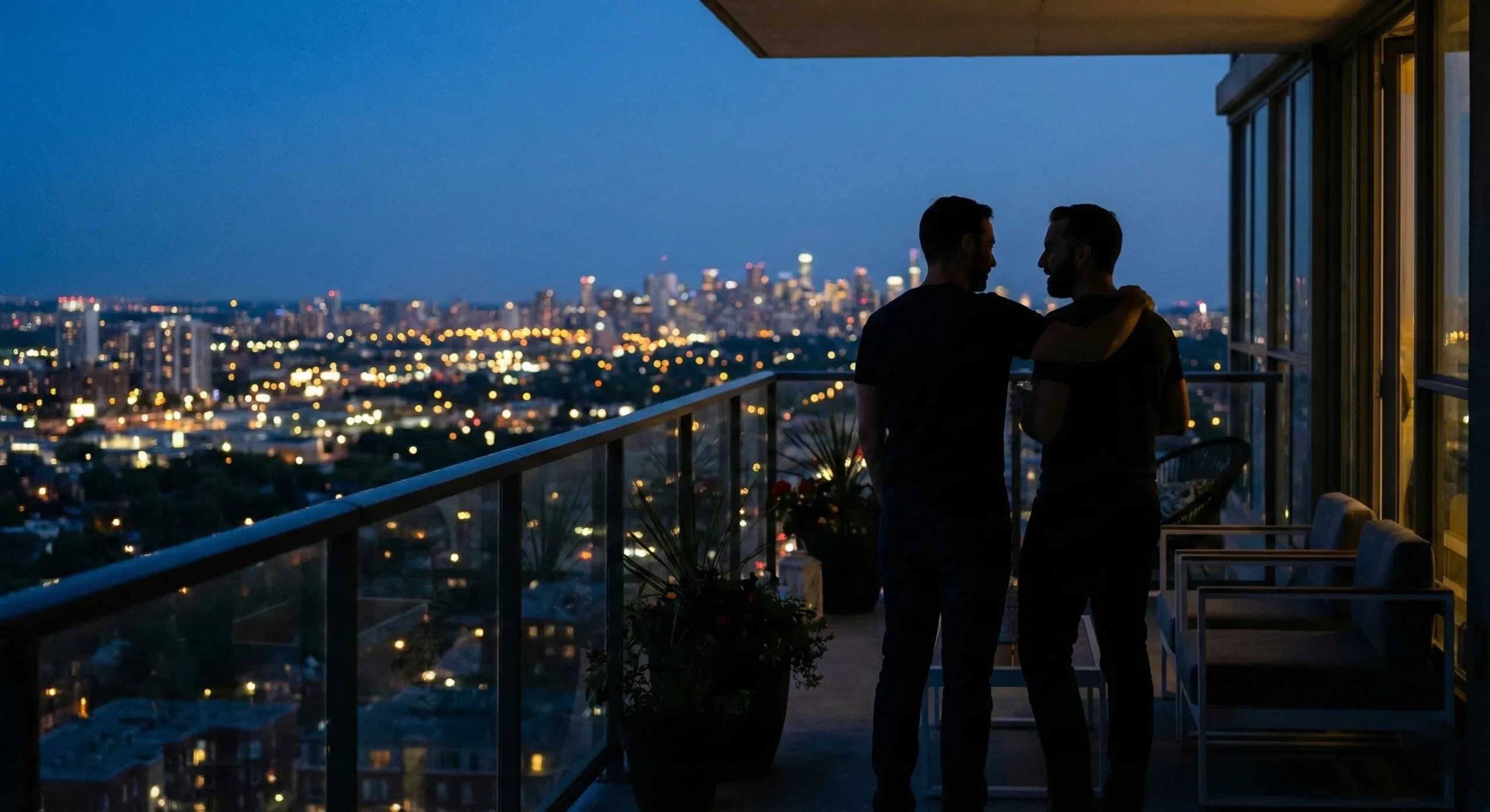 Two masculine silhouettes close together on balcony at blue hour - MM Romance genre