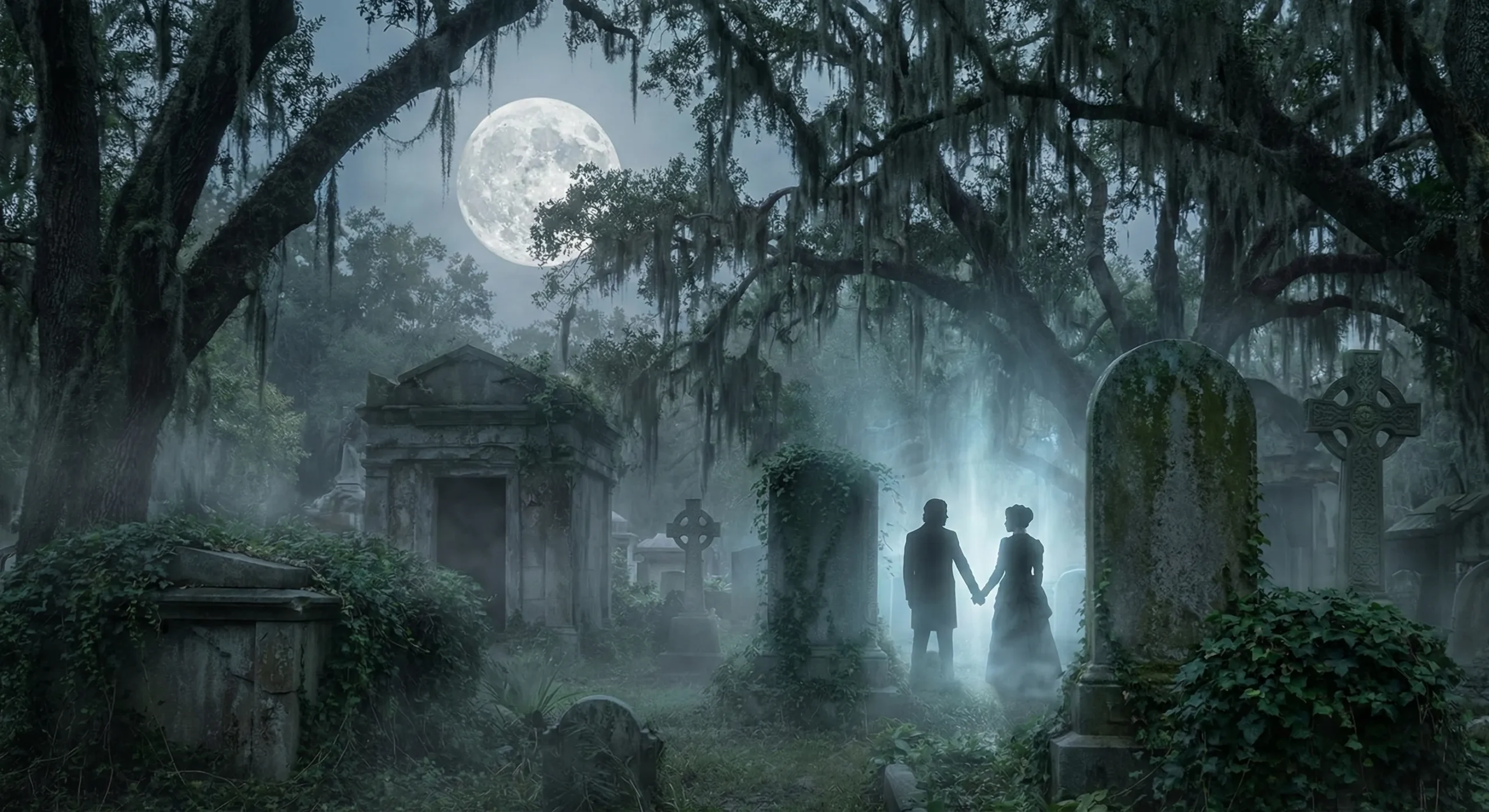 Misty graveyard at twilight with full moon - Paranormal Romance genre