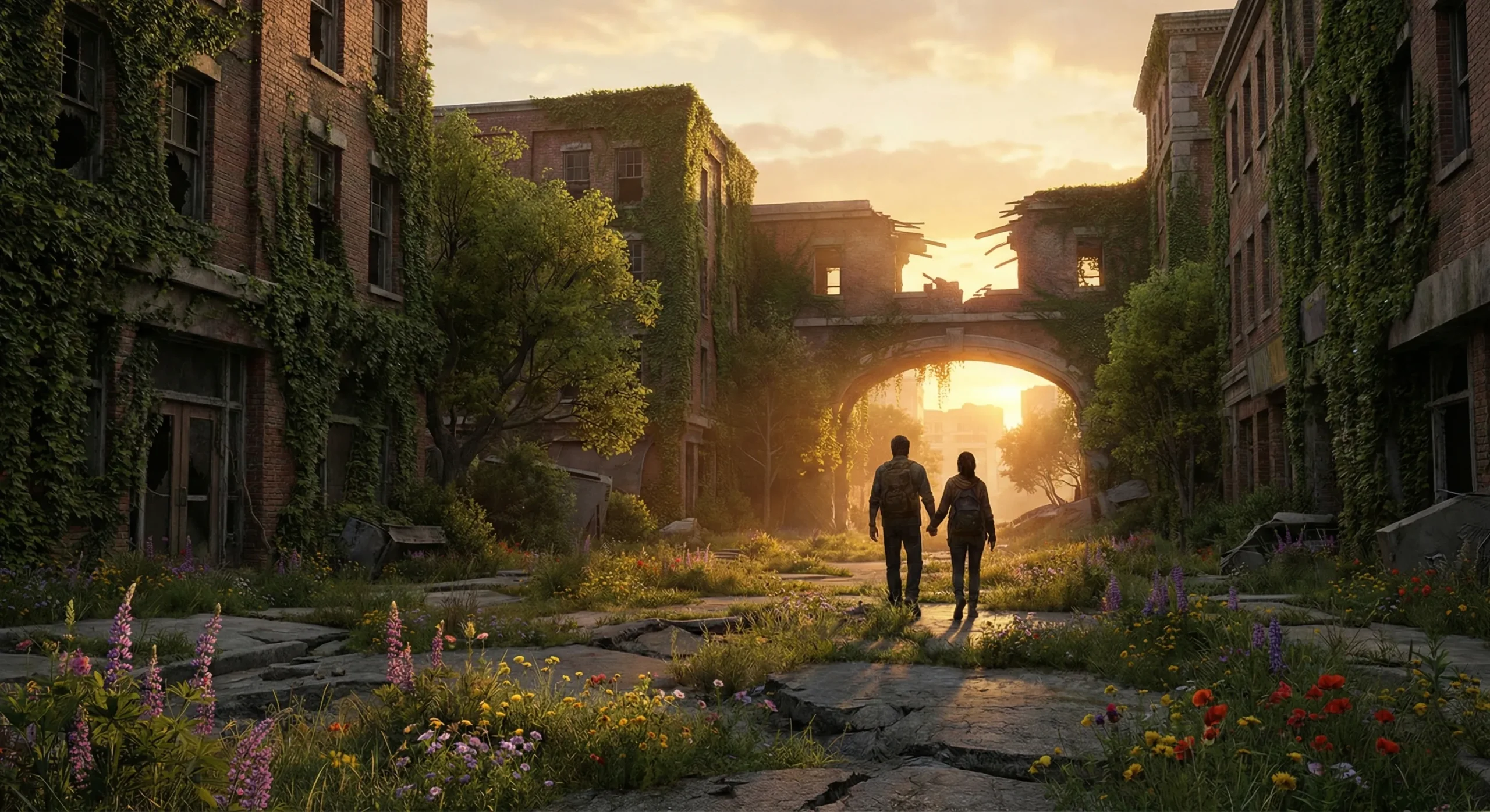 Overgrown city ruins at sunset with nature reclaiming - Post-Apocalyptic Romance genre