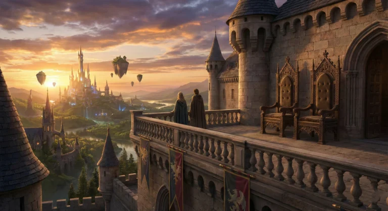 Grand castle balcony overlooking magical kingdom at sunset - Romantasy genre