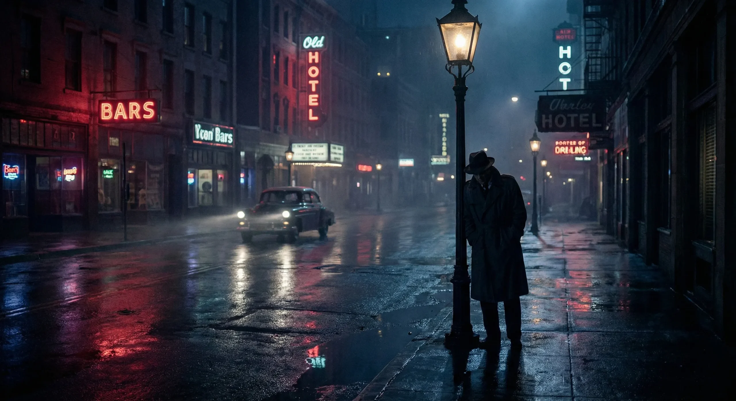 Rain-slicked city street at night with neon signs - Romantic Suspense genre