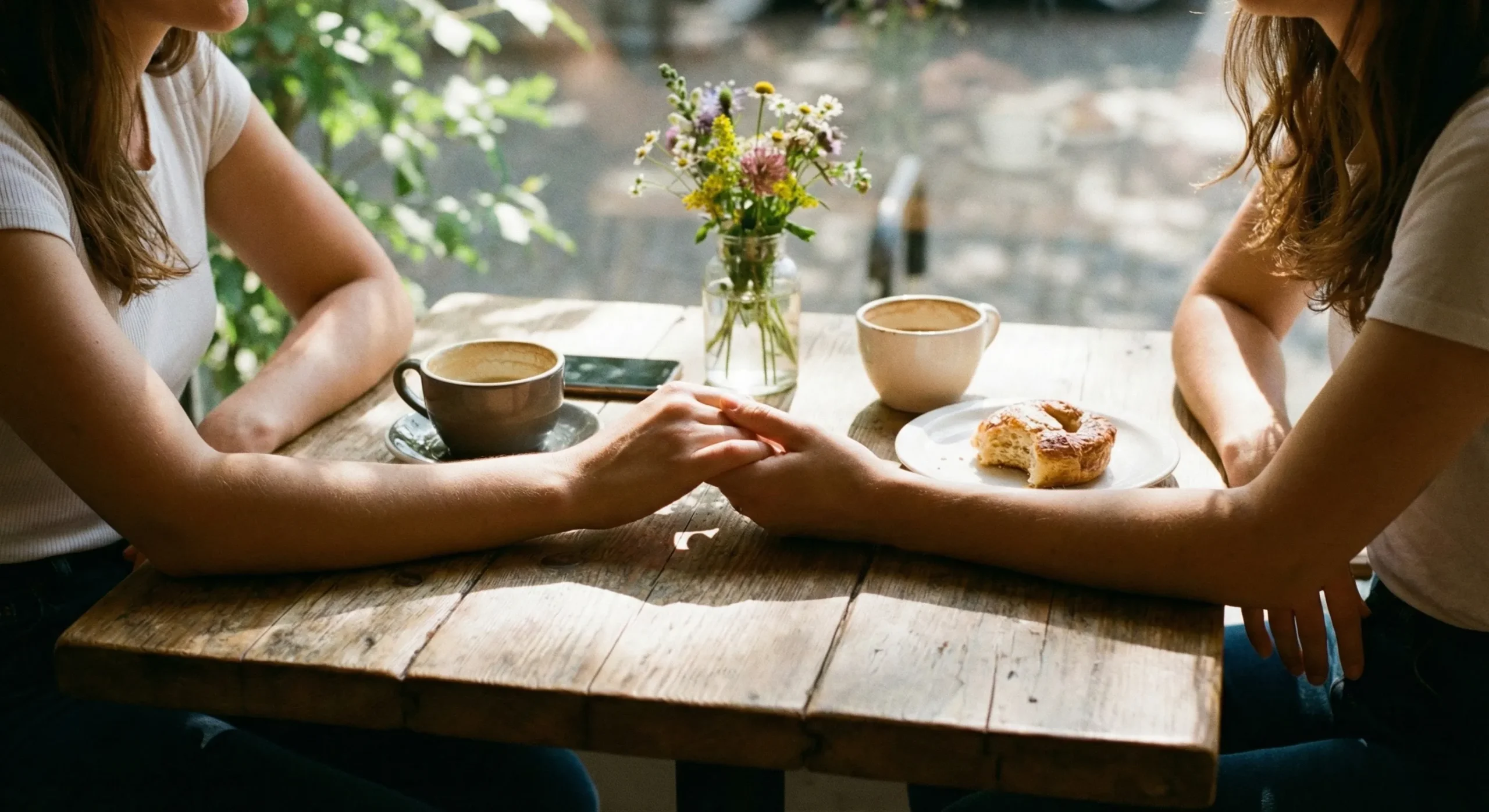 Two women hands intertwined on sun-dappled cafe table - Sapphic Romance genre
