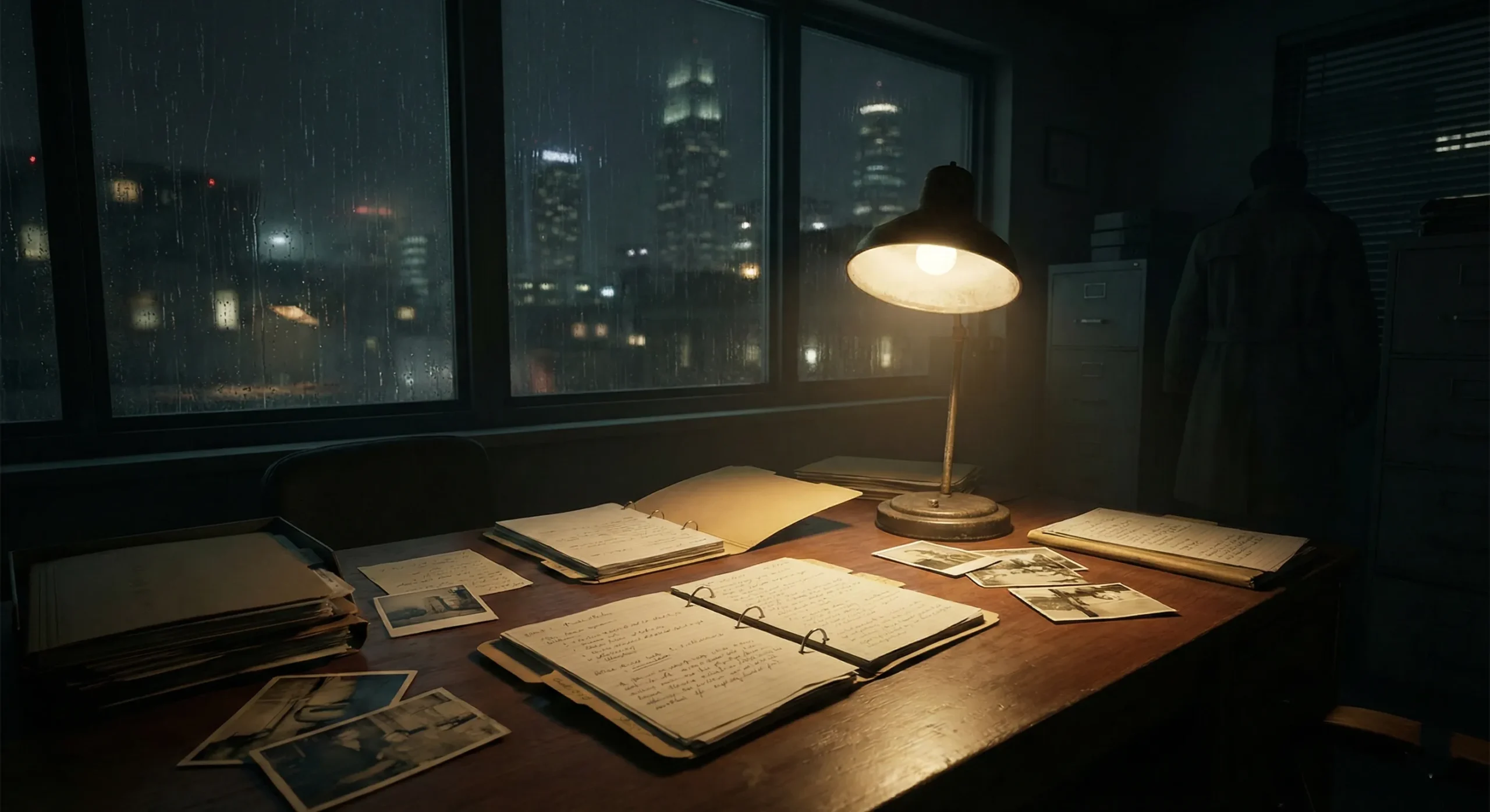 Dark office at night with desk lamp illuminating documents - Thriller genre