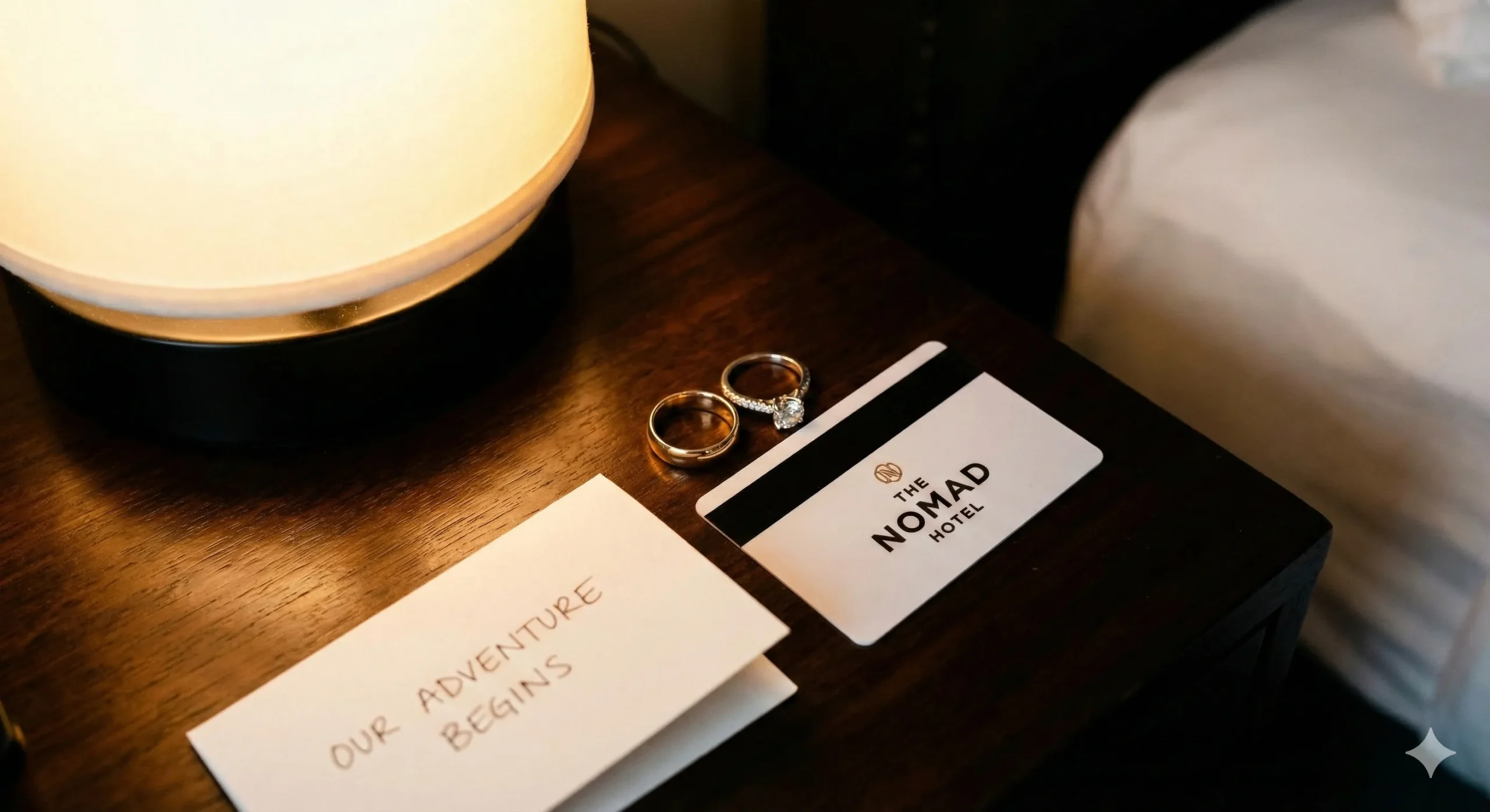 Wedding rings on nightstand with hotel room key card showing consensual sharing energy - Hotwife Cuckold romance trope