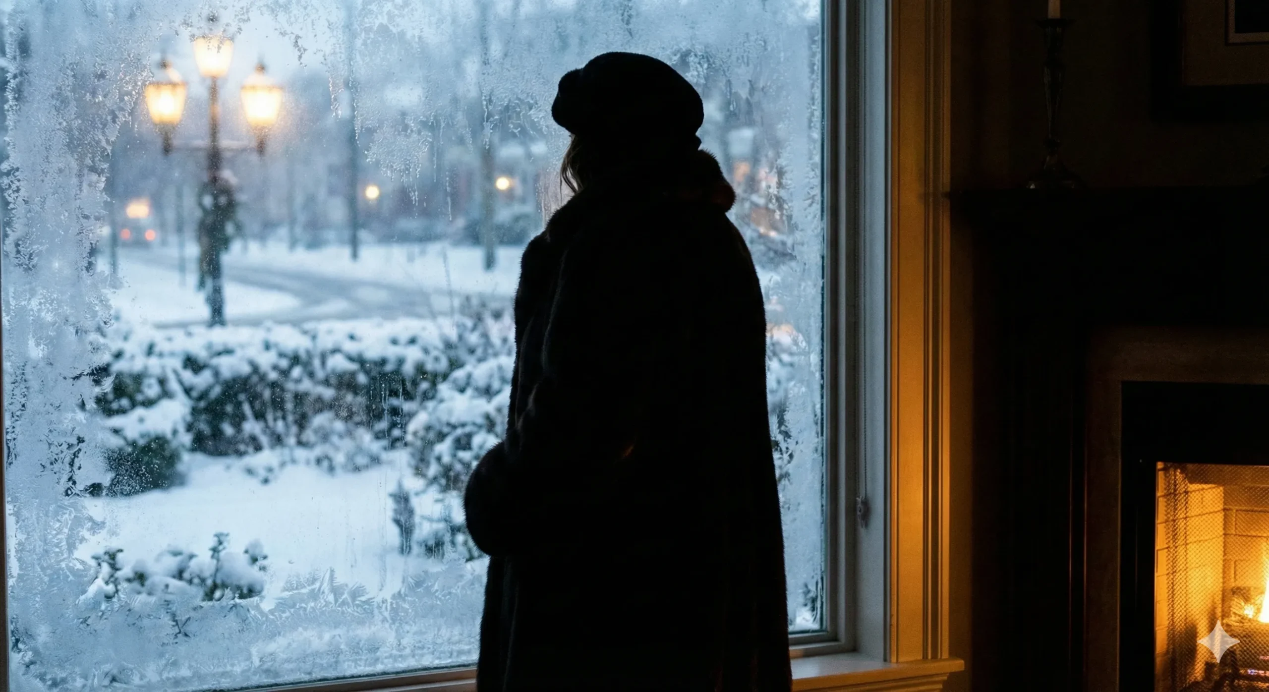 Elegant woman silhouette at frost-covered window with cold exterior concealing warmth - Ice Queen romance trope