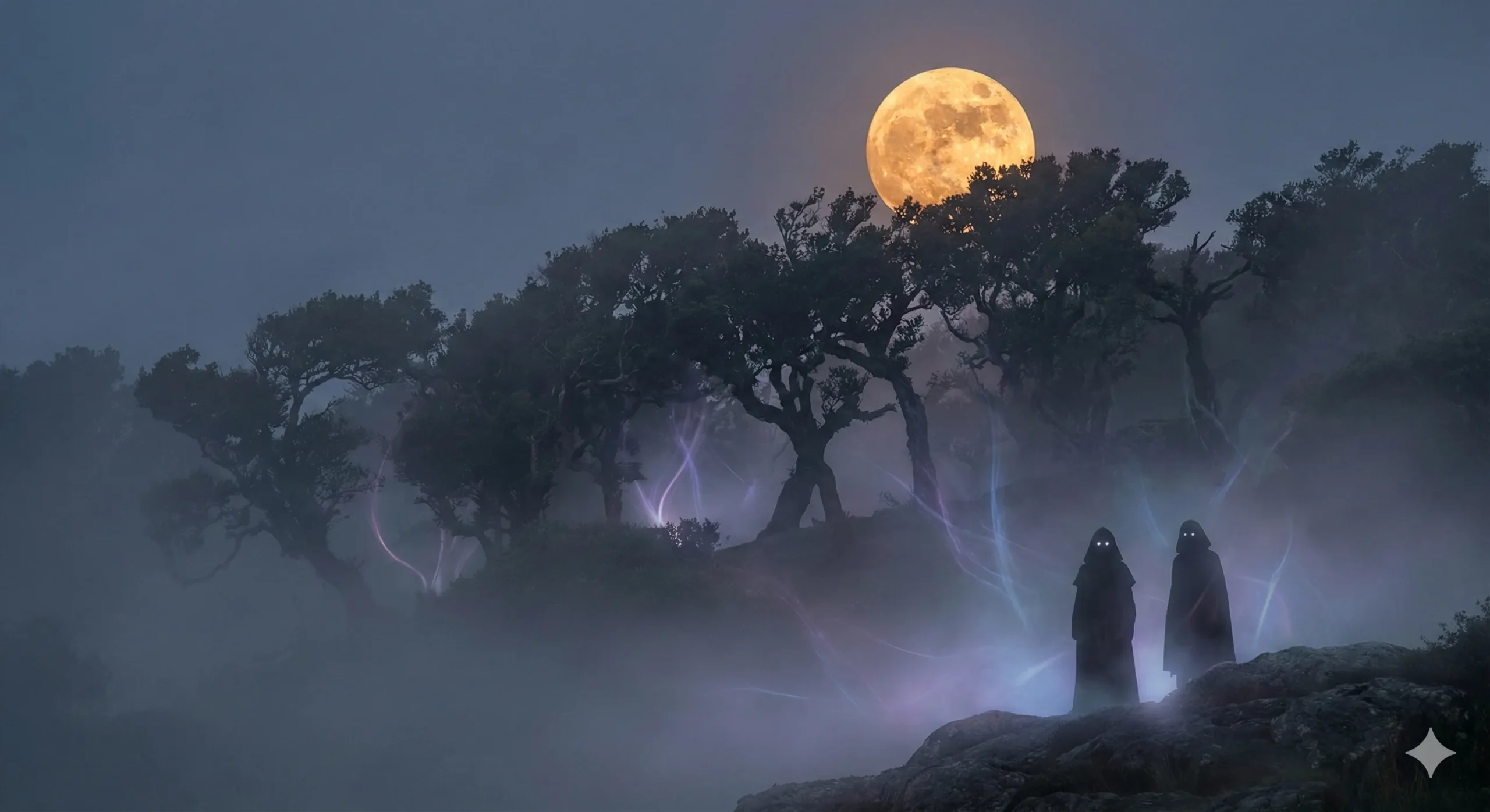 Full moon rising over misty forest with primal supernatural energy - Knotting romance trope
