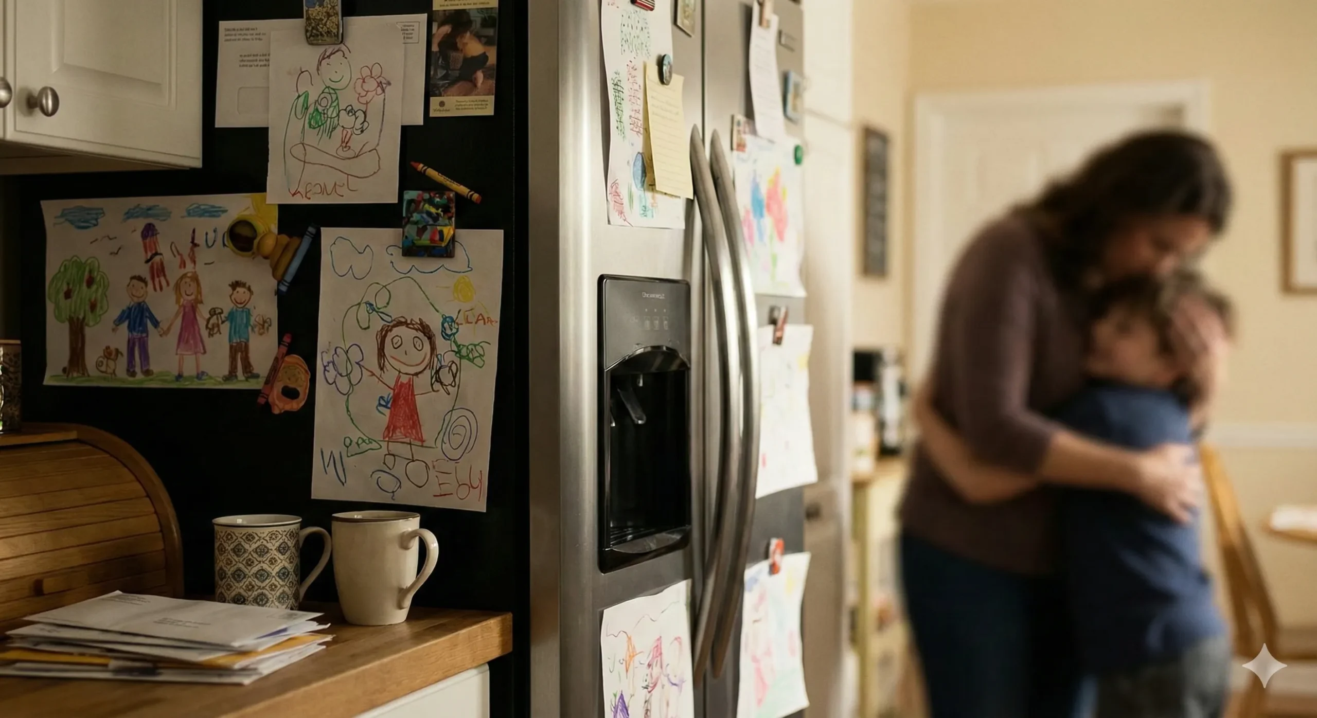 Children's drawings on refrigerator with two adult coffee cups on counter - Nanny Romance trope