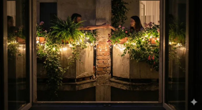 Two apartment balconies close together at night with string lights showing proximity becoming intimacy - Neighbors to Lovers romance trope