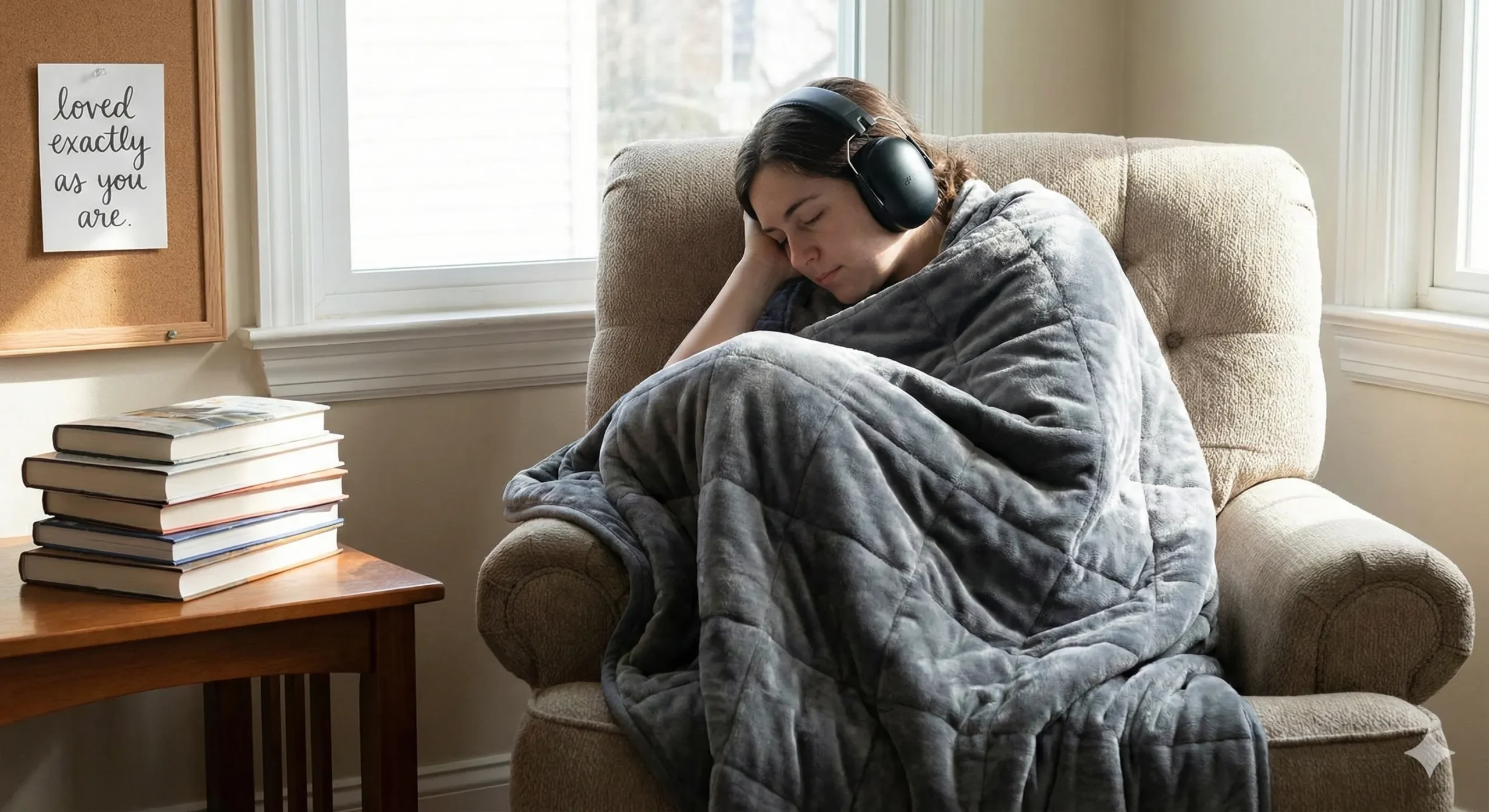 Cozy reading nook with noise-canceling headphones and weighted blanket showing acceptance - Neurodivergent Rep romance trope