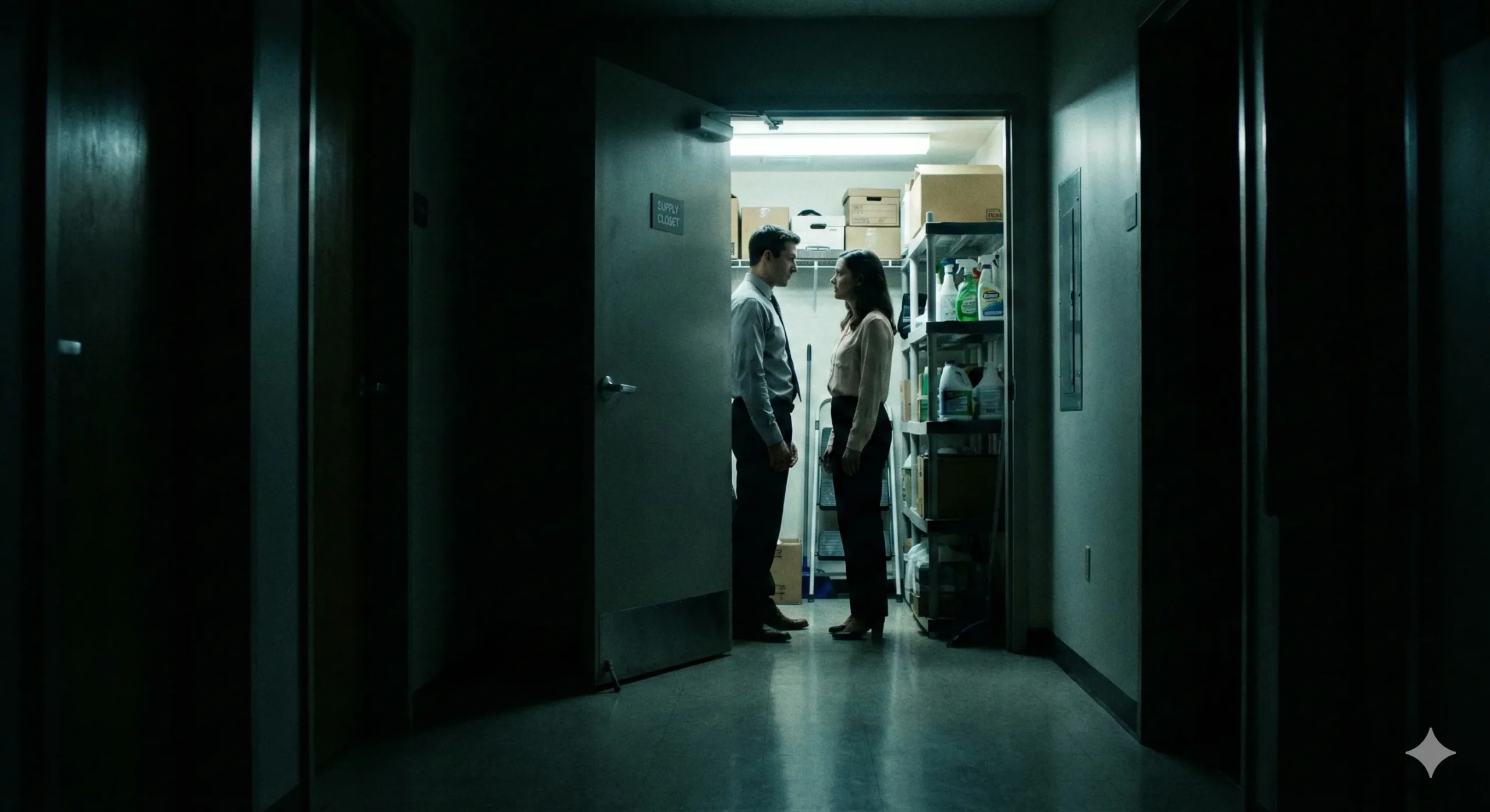 Supply closet door slightly ajar with fluorescent light spilling into dark hallway - Office Romance trope