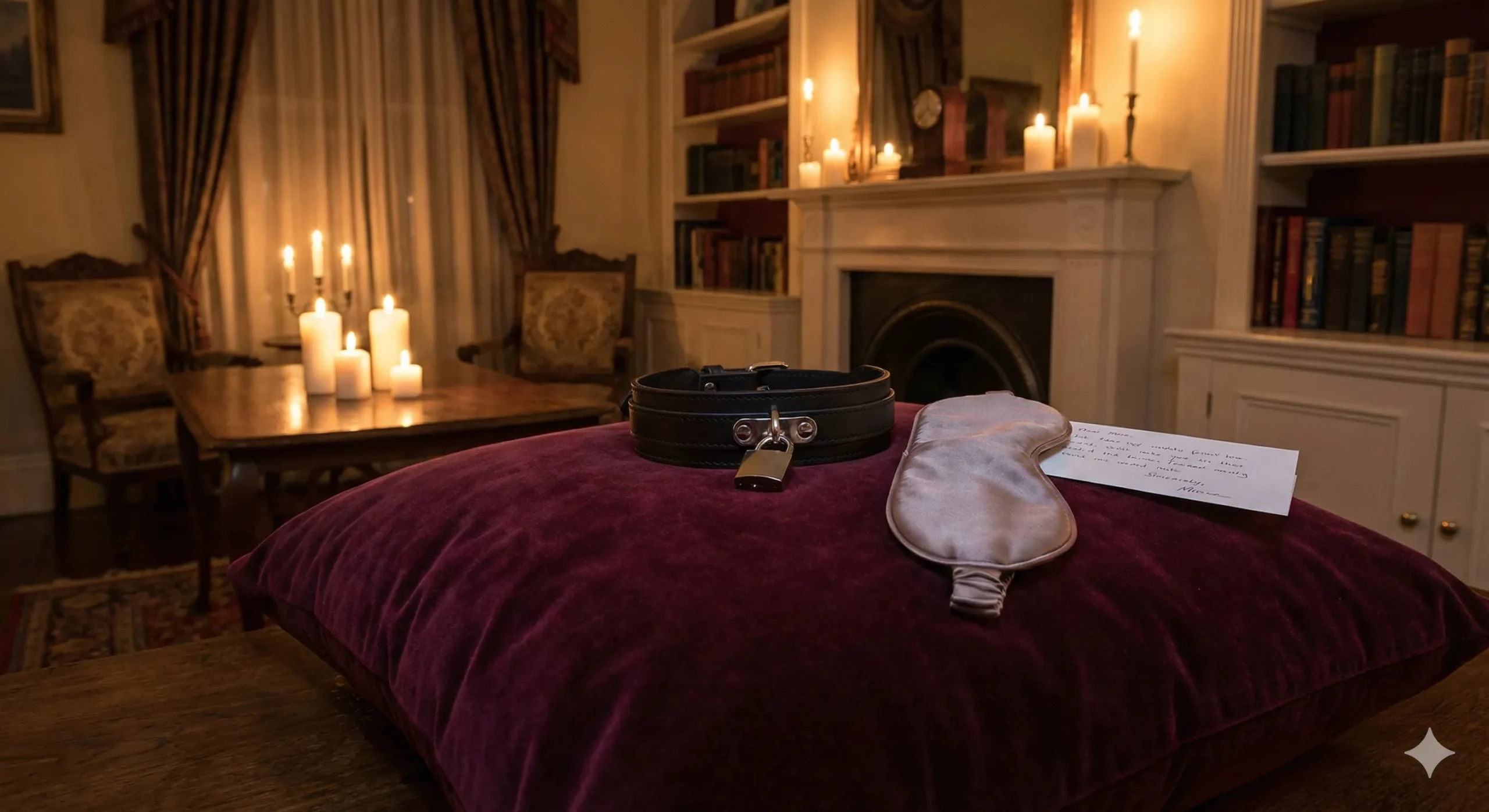 Elegant collar on velvet pillow in candlelit room showing trust and surrender - Power Exchange romance trope