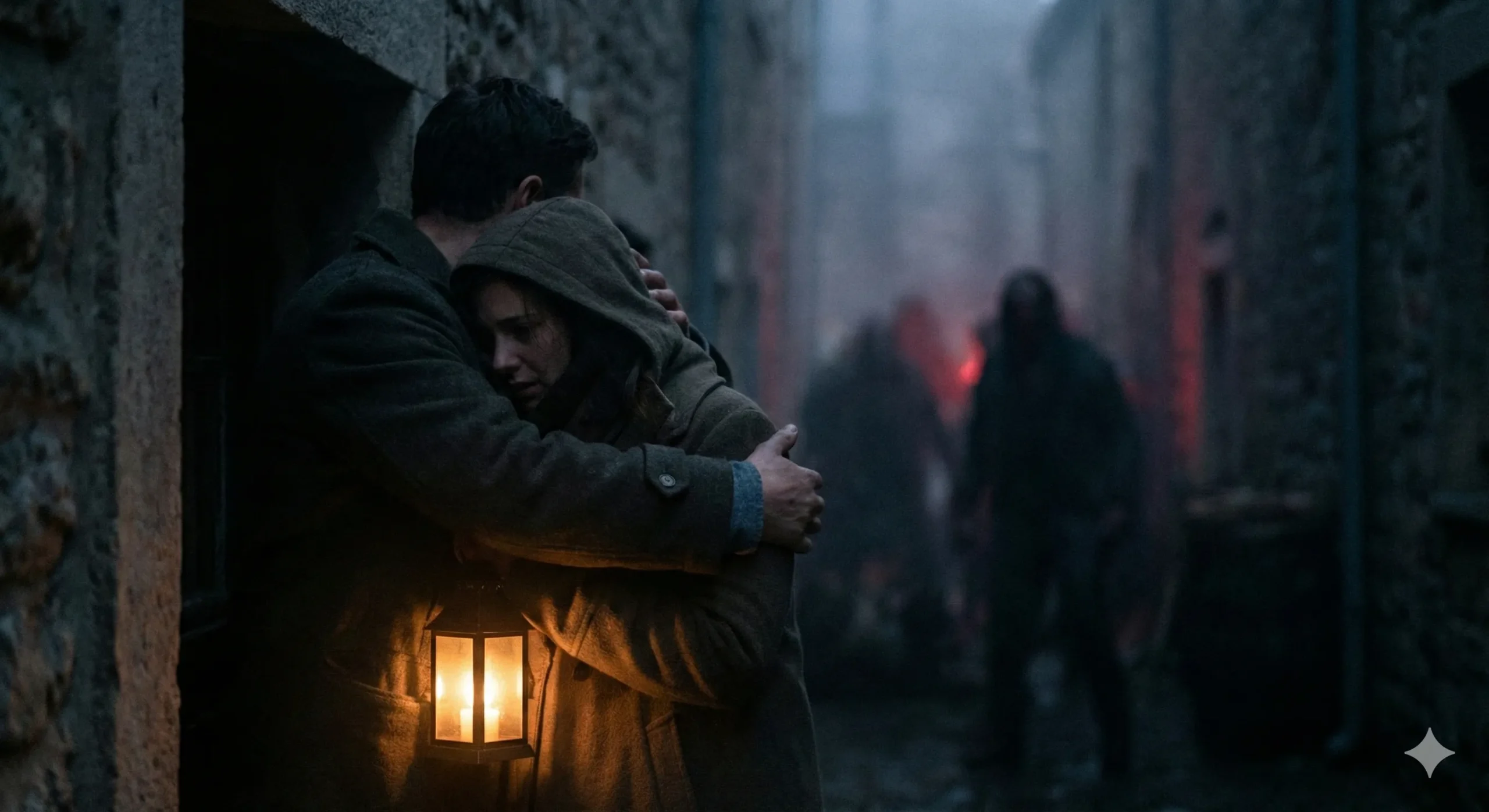 Strong arms wrapped protectively around smaller figure with shadowy danger in background - Protector Romance trope