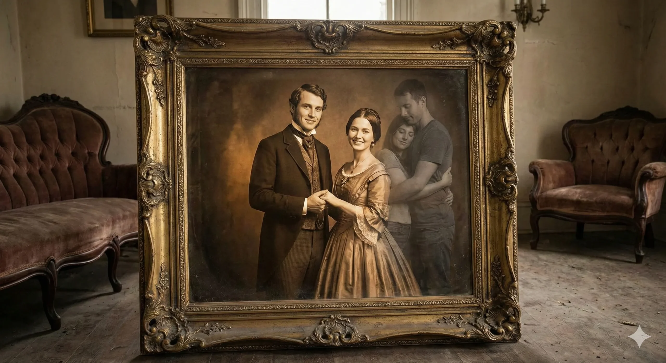 Antique mirror showing different era reflections with love across lifetimes energy - Reincarnation romance trope