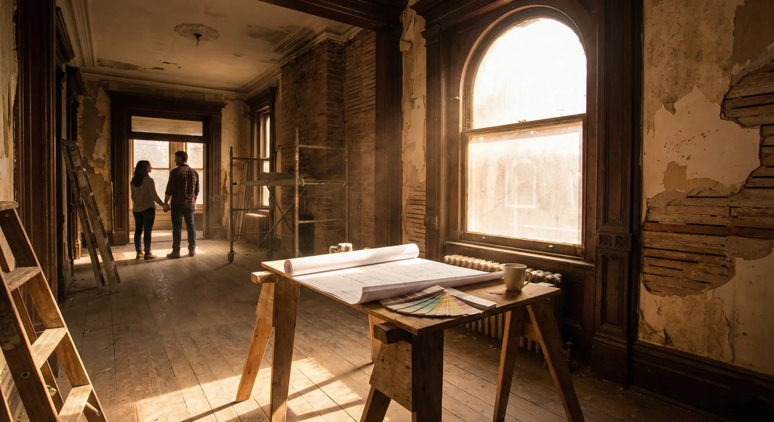 Victorian mansion interior mid-renovation with golden hour light streaming through dusty windows - The Renovation Project reverse harem romance series